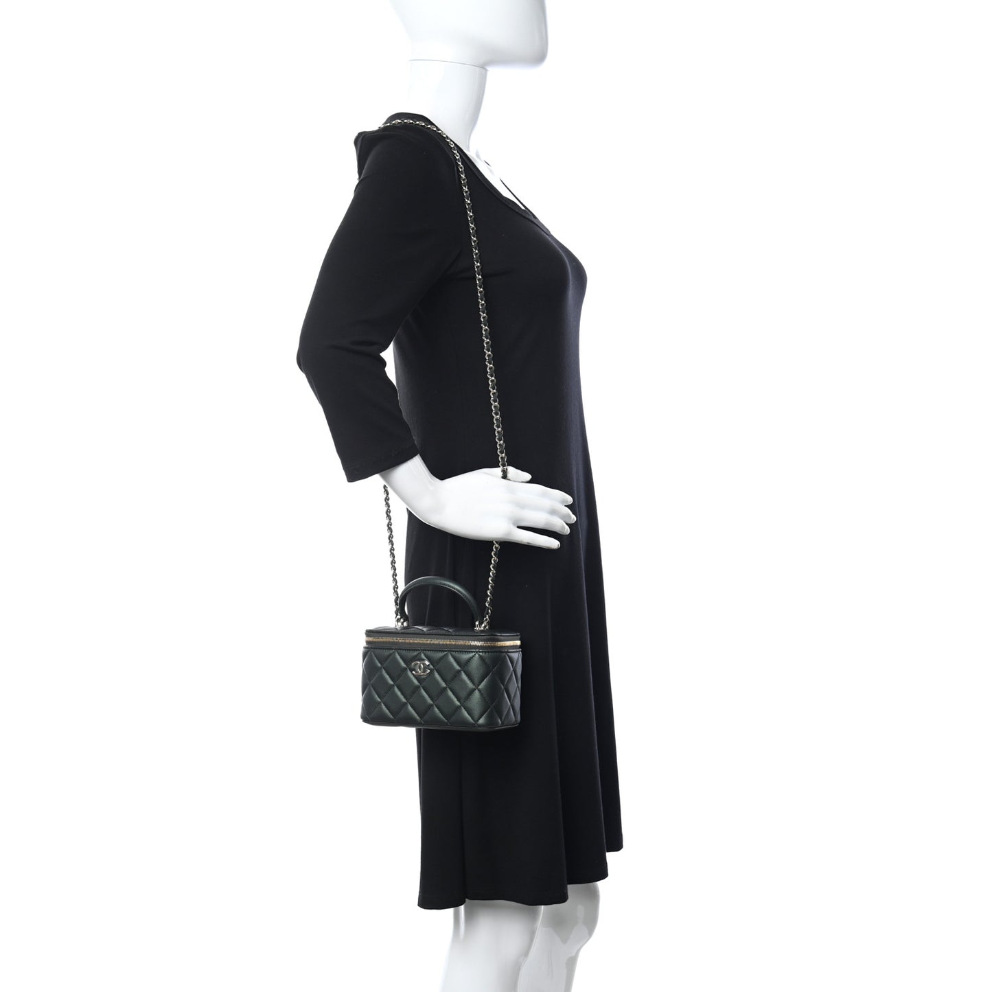 Iridescent Lambskin Quilted Small Top Handle Vanity Case With Chain Dark Green