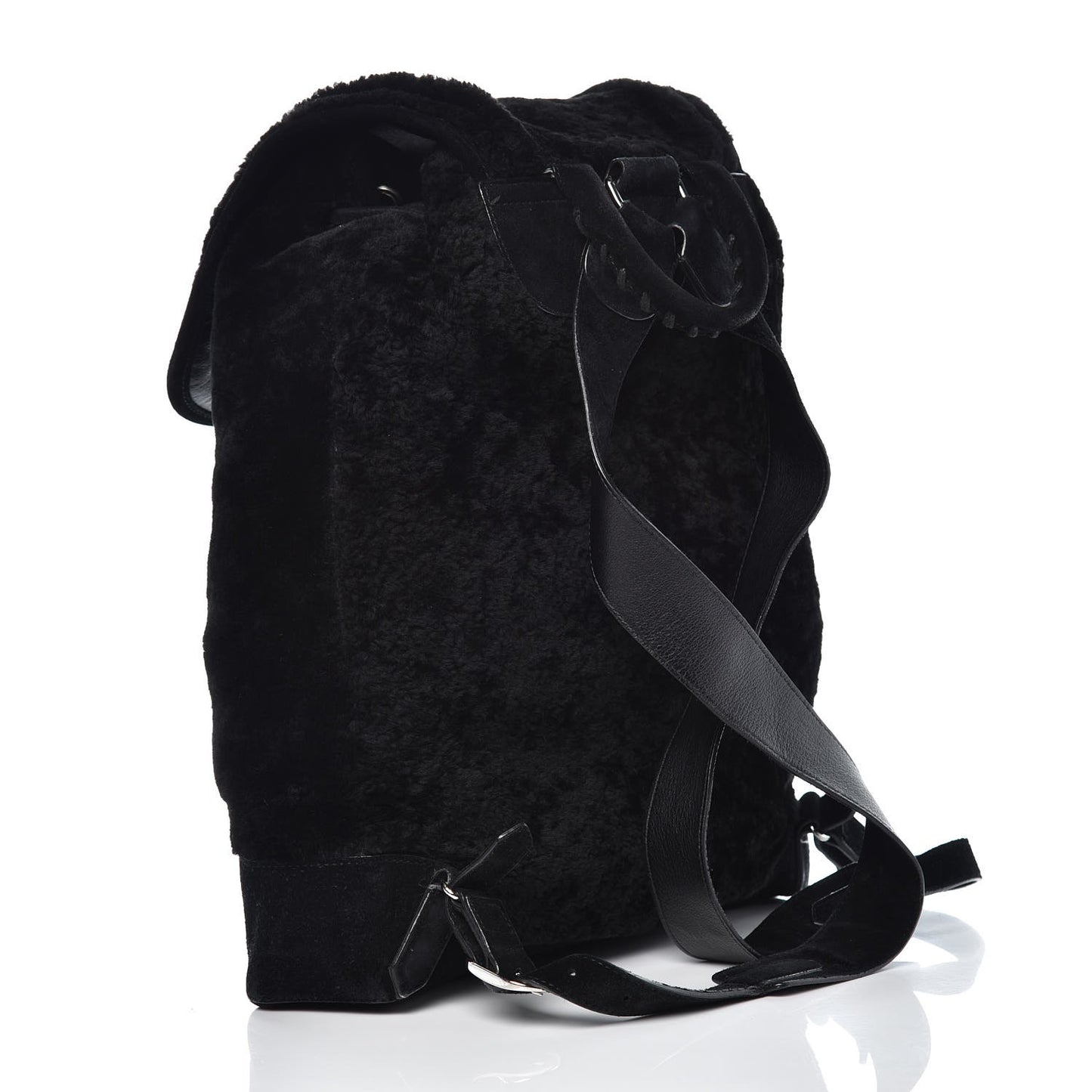 Suede Shearling Classic Silver Hardware Traveler Backpack Black