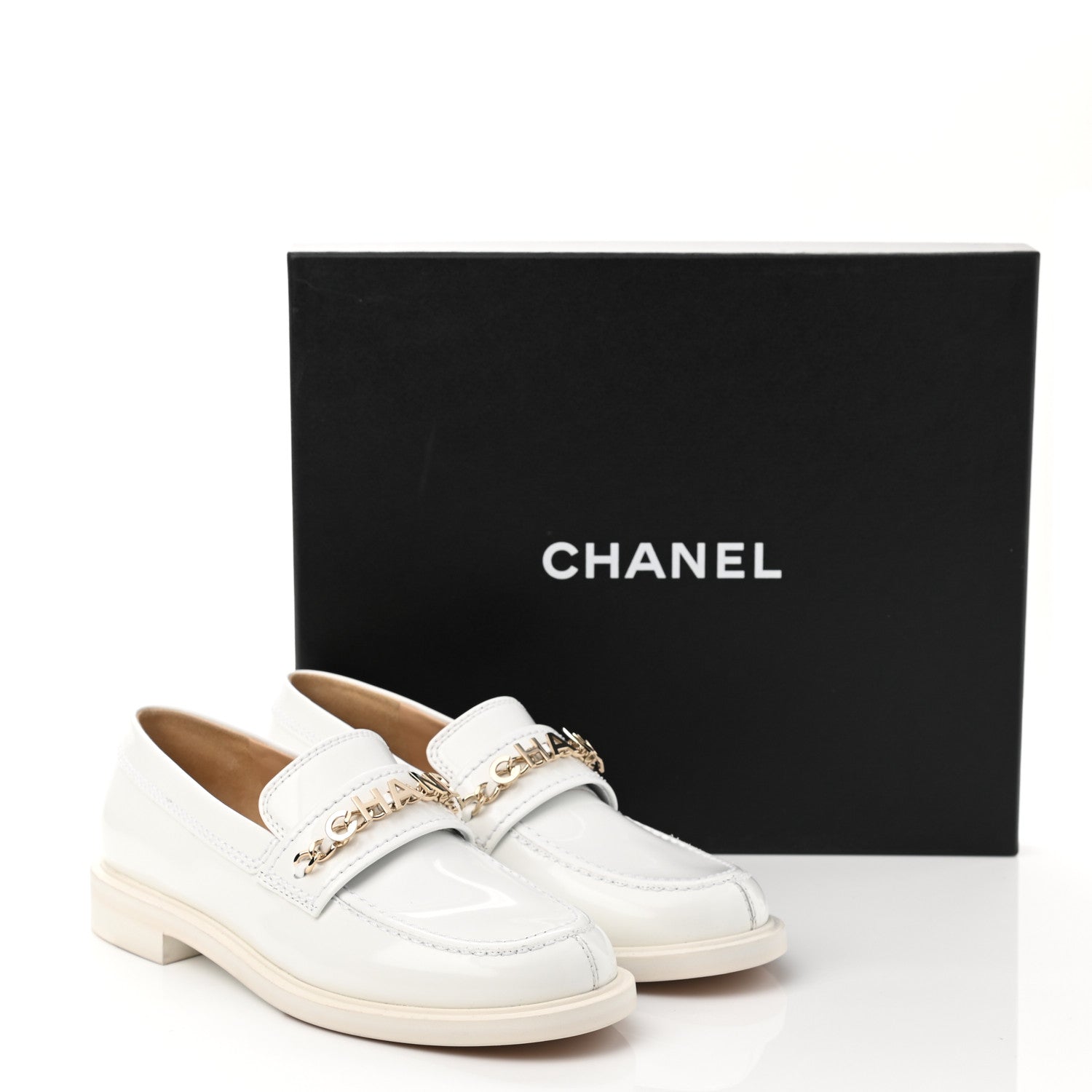 Chanel Shiny Calfskin Logo Loafers 37.5 White 9 of 9