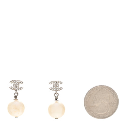 Chanel Crystal Pearl CC Drop Earrings Silver Pearly White 2 of 6