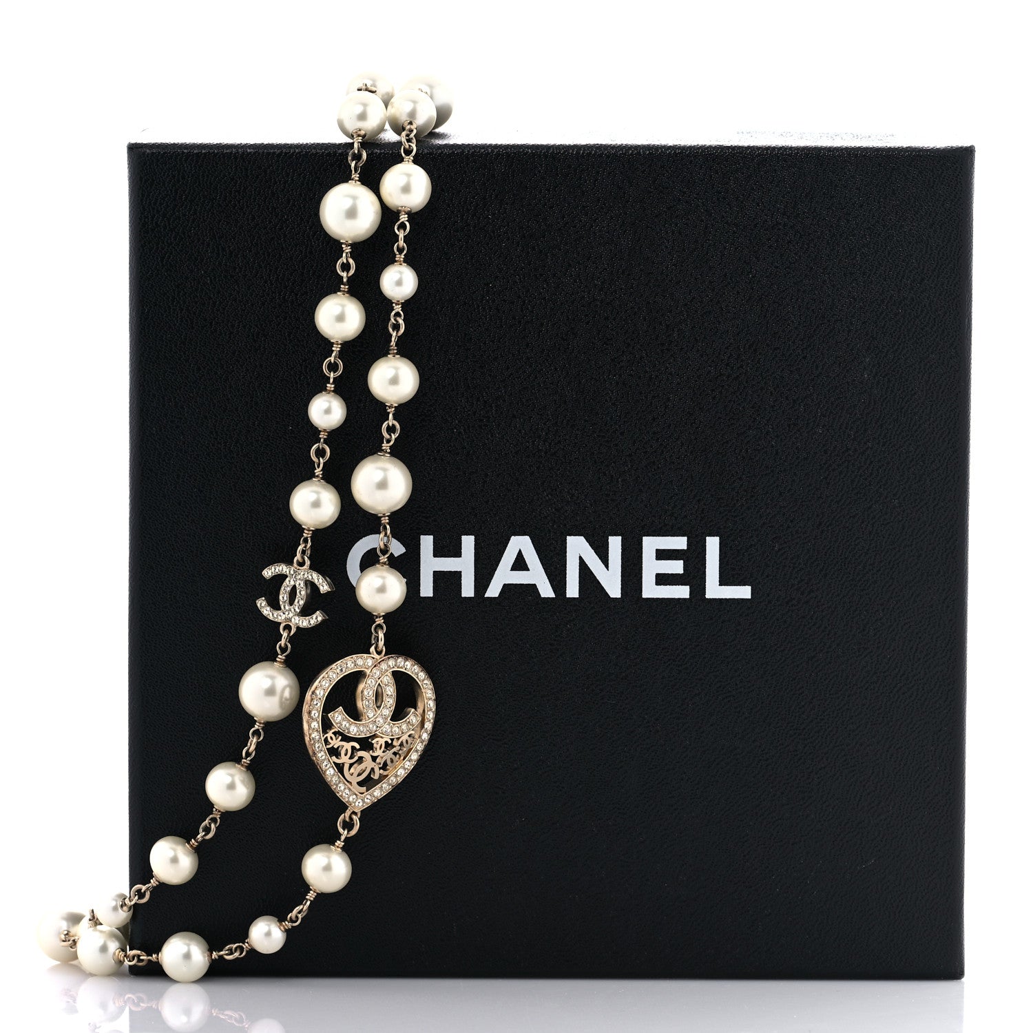 Chanel Swarovski Crystal Pearl CC Heart Necklace Gold 7 of 7
