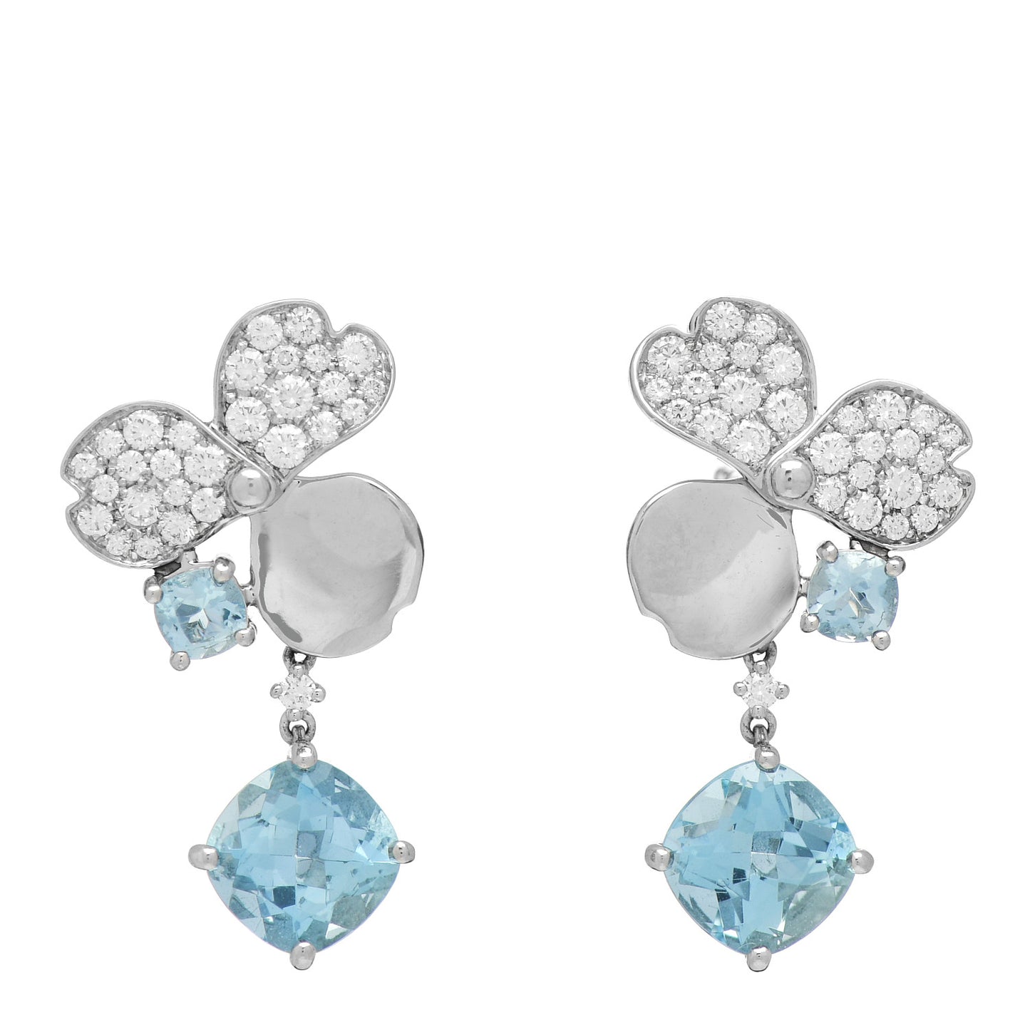 Platinum Diamond Aquamarine Paper Flowers Single Drop Earrings