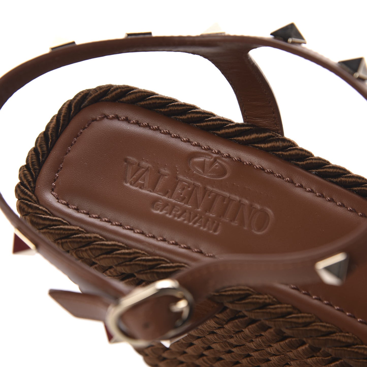 Calfskin Rockstud Torchon Espadrille 25/115mm Wedge Sandals 40 Cuoio