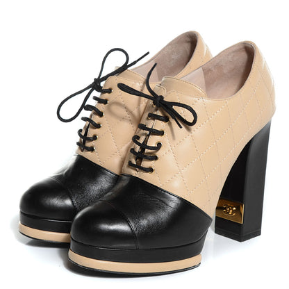 Chanel Lambskin Quilted Lace Up Booties 38.5 Beige Black 3 of 8