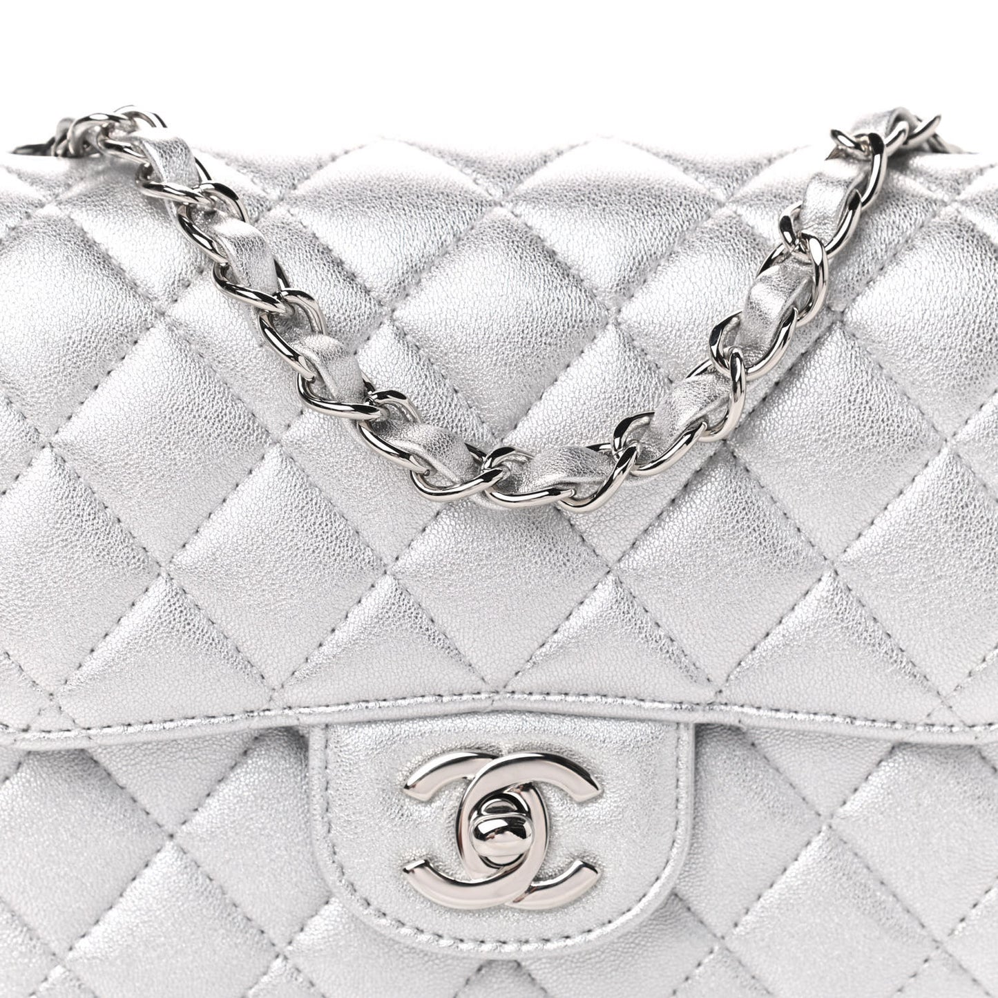 Metallic Lambskin Quilted Mini Square Flap Silver