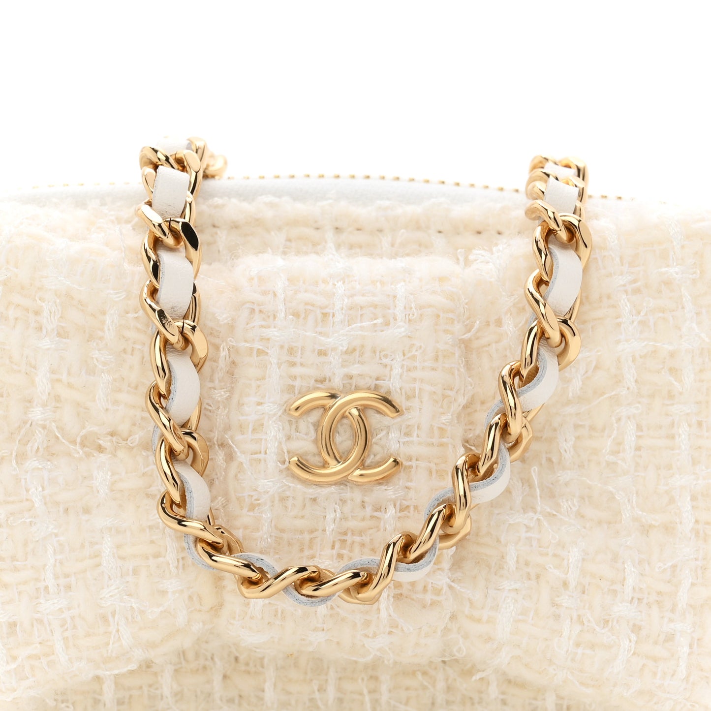 Tweed Quilted Bow Flap Card Holder On Chain White