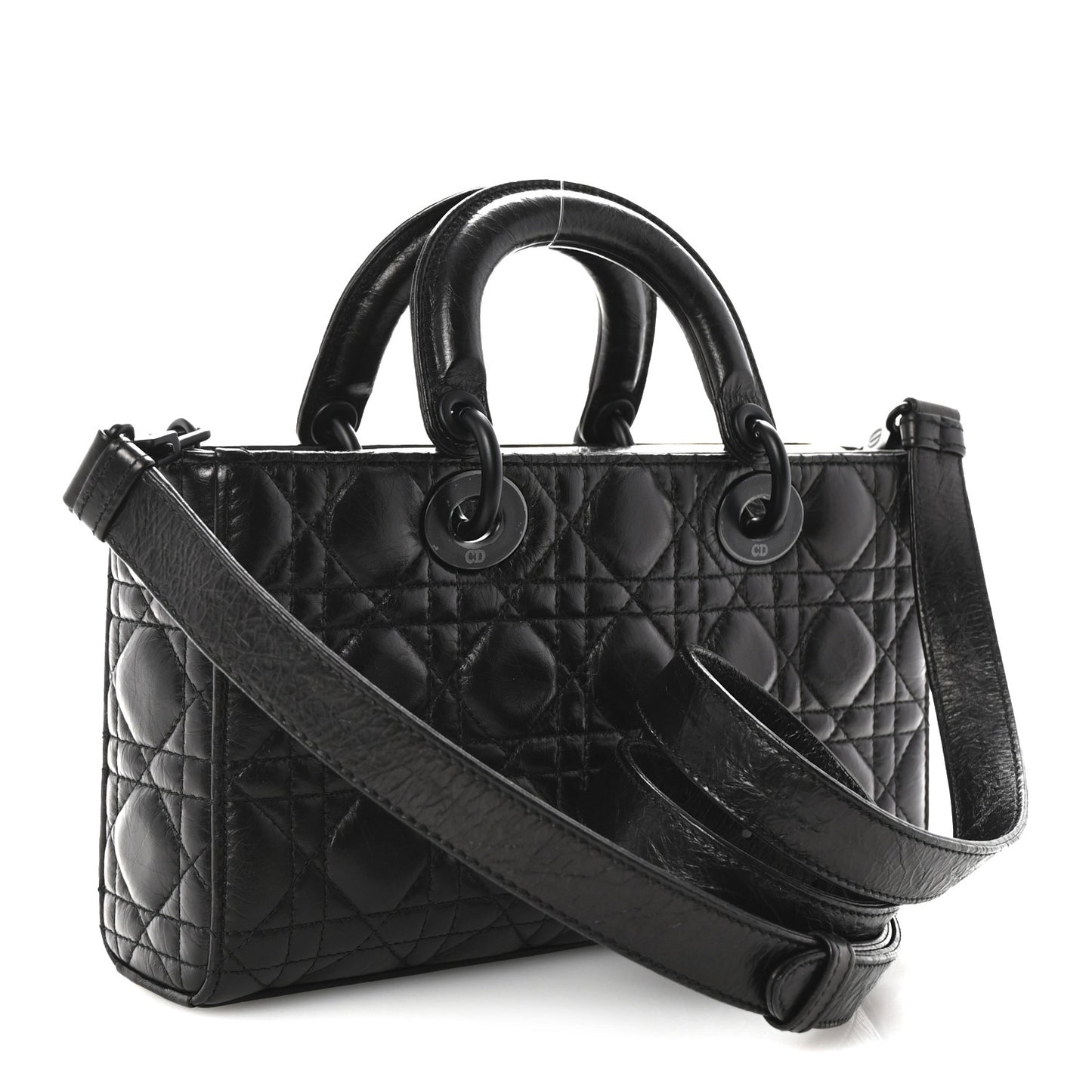 Crinkled Calfskin Cannage Medium Lady D-Joy Black