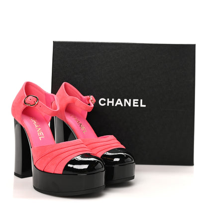 Chanel Suede Kidskin Patent CC Platform Pumps 37 Dark Pink Black 11 of 11