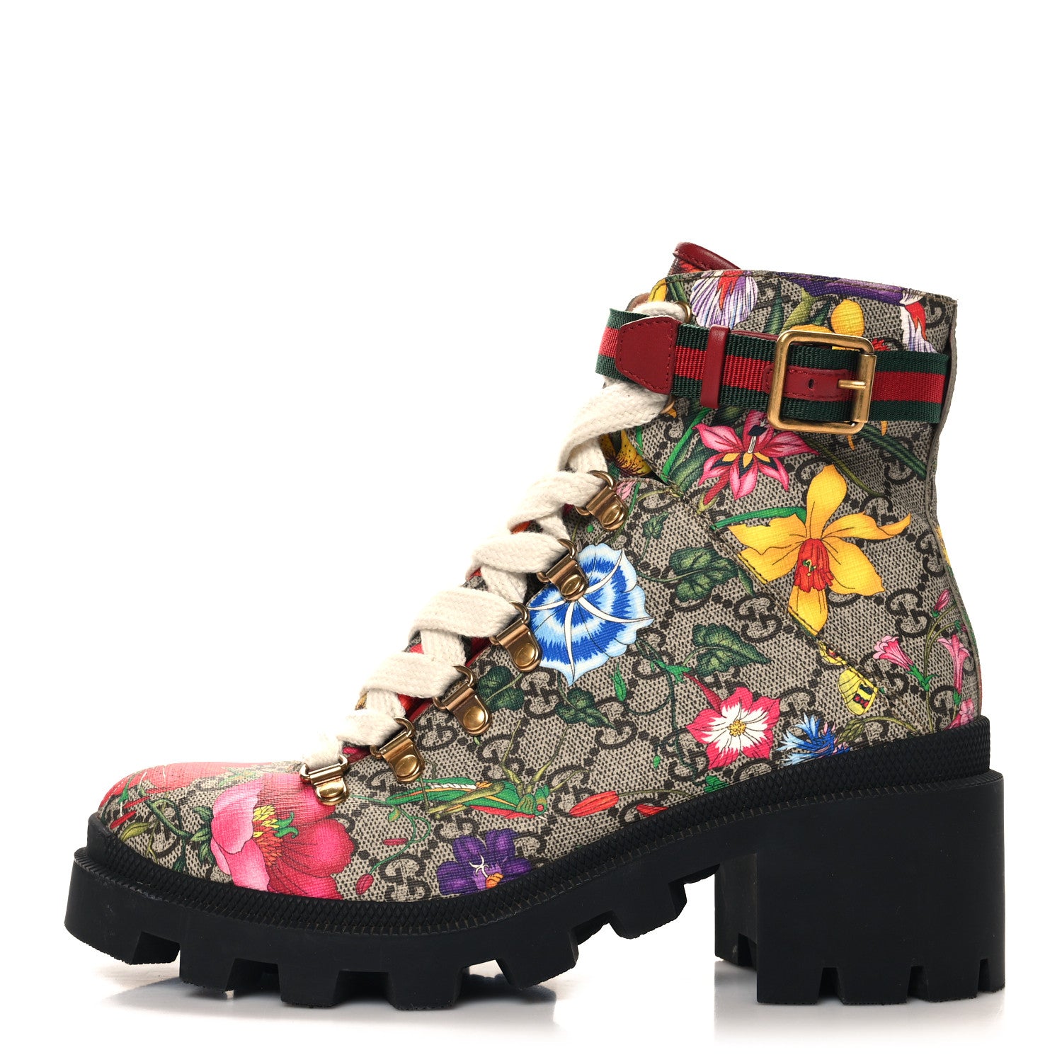 Gucci GG Supreme Monogram Flora Lace Up Combat Ankle Boots 38 Beige Multicolor Red 1 of 8