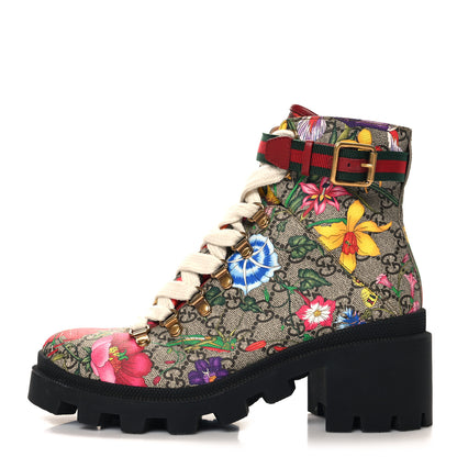 Gucci GG Supreme Monogram Flora Lace Up Combat Ankle Boots 38 Beige Multicolor Red 1 of 8