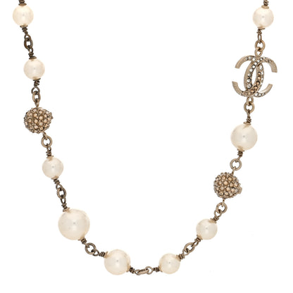 Chanel Pearl Crystal CC Moon Necklace Gold White 1 of 6