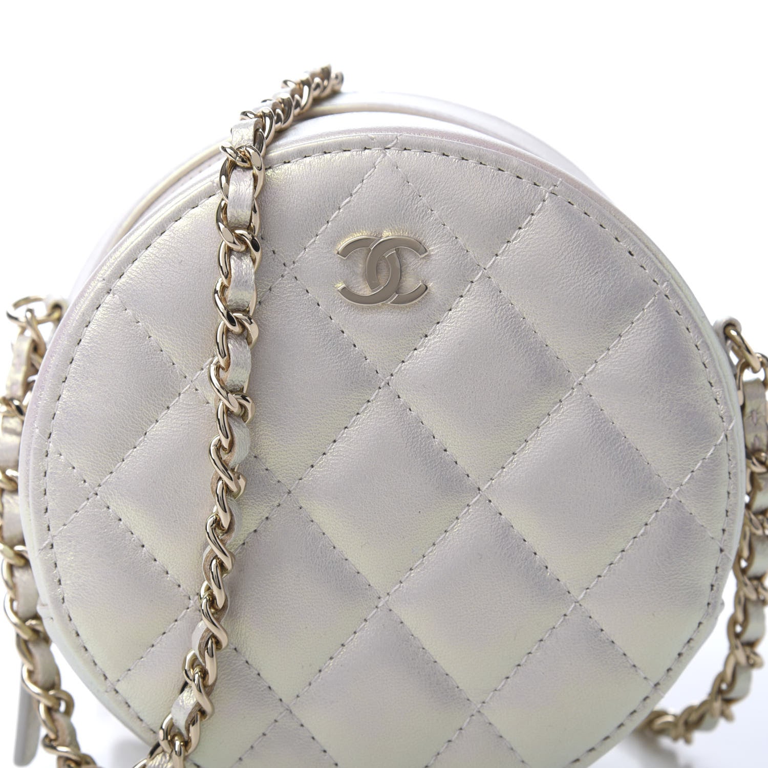 Chanel Iridescent Lambskin Quilted Round Clutch With Chain Ivory 10 of 11