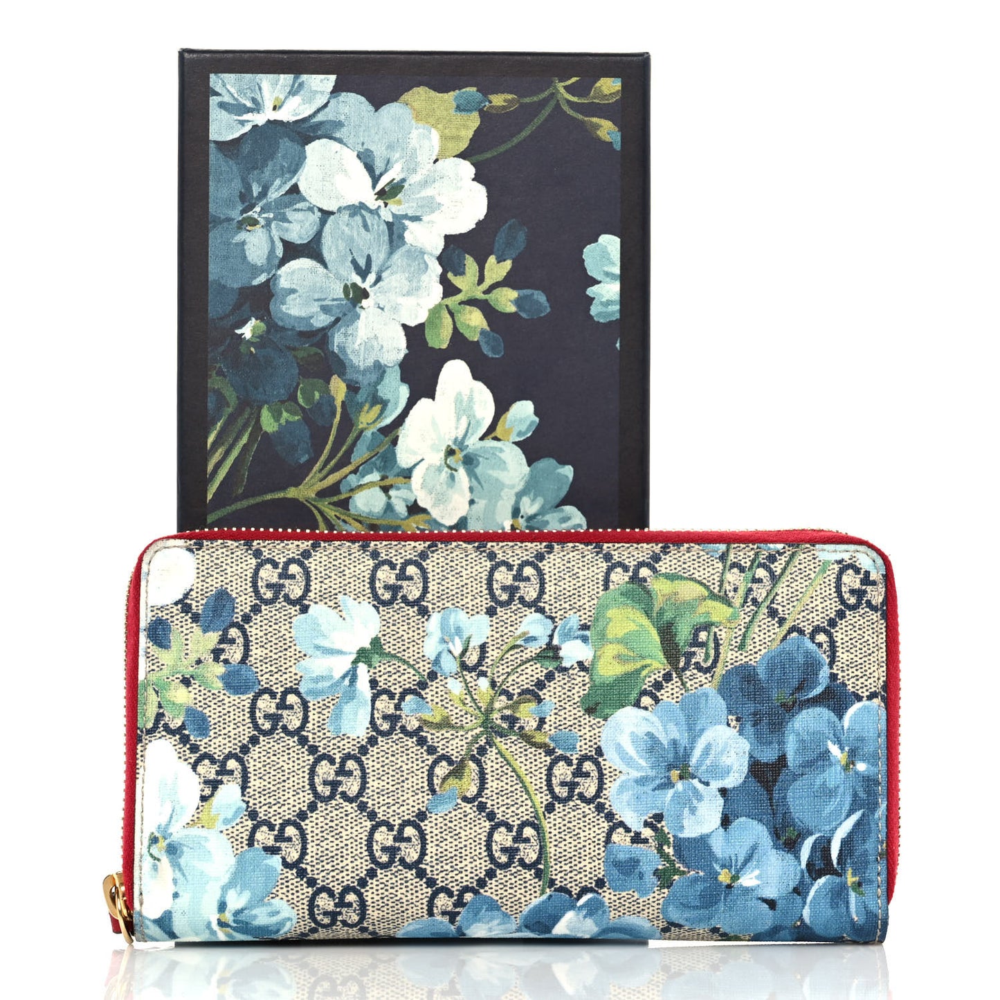 GG Supreme Monogram Blooms Zip Around Wallet Blue Red