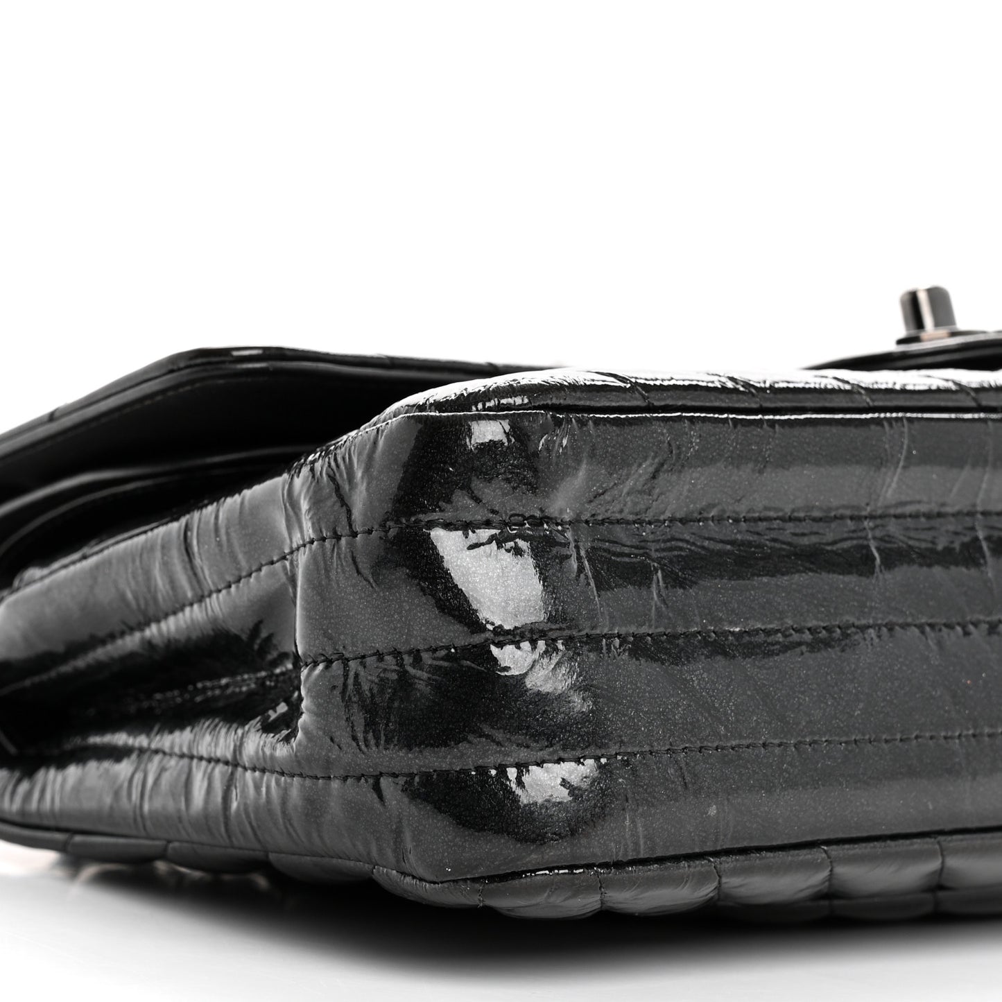 Metallic Patent Crumpled Calfskin Chevron Quilted Medium Double Flap So Black