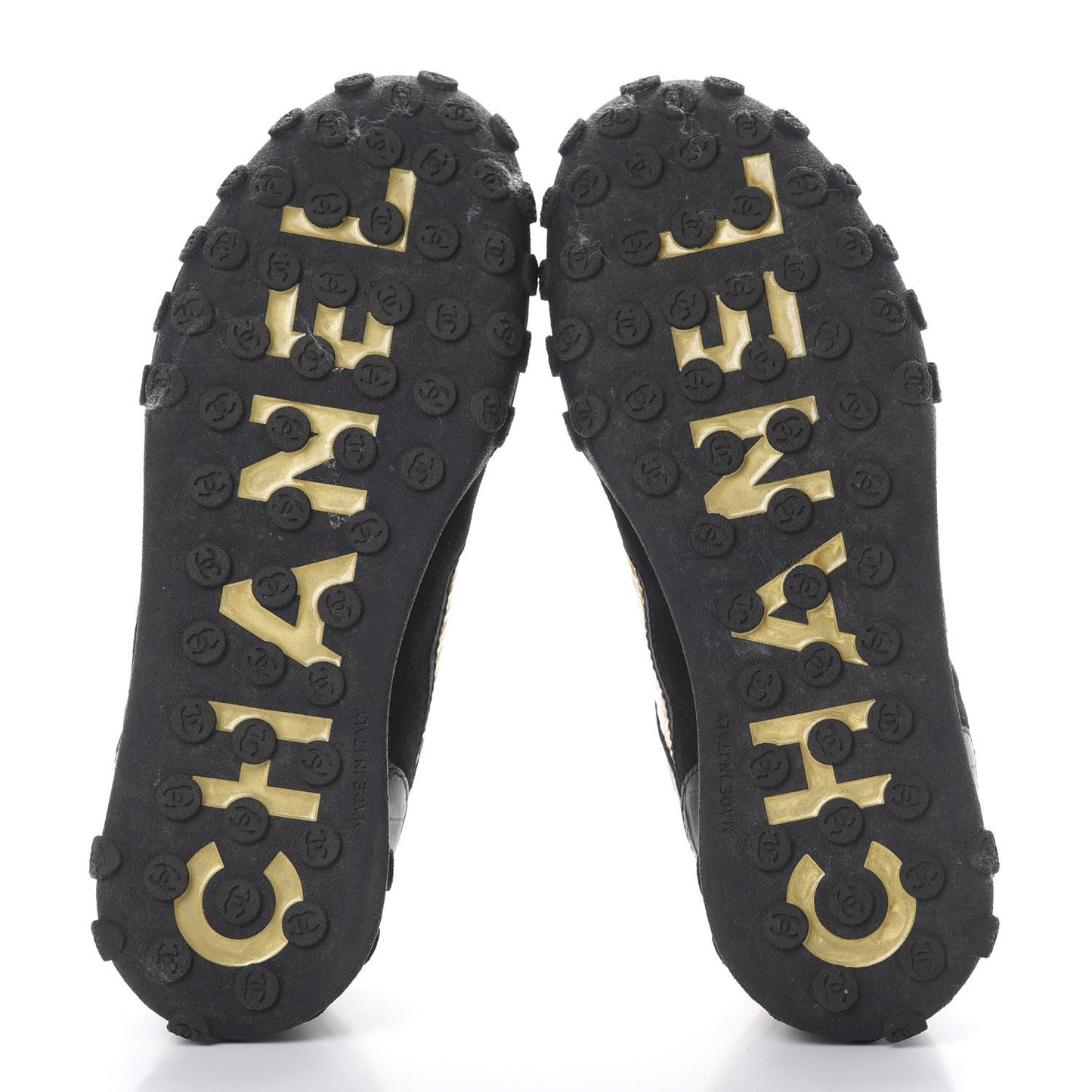 Metallic Fabric Calfskin Suede Crocodile Embossed CC Sneakers 36.5 Black Gold