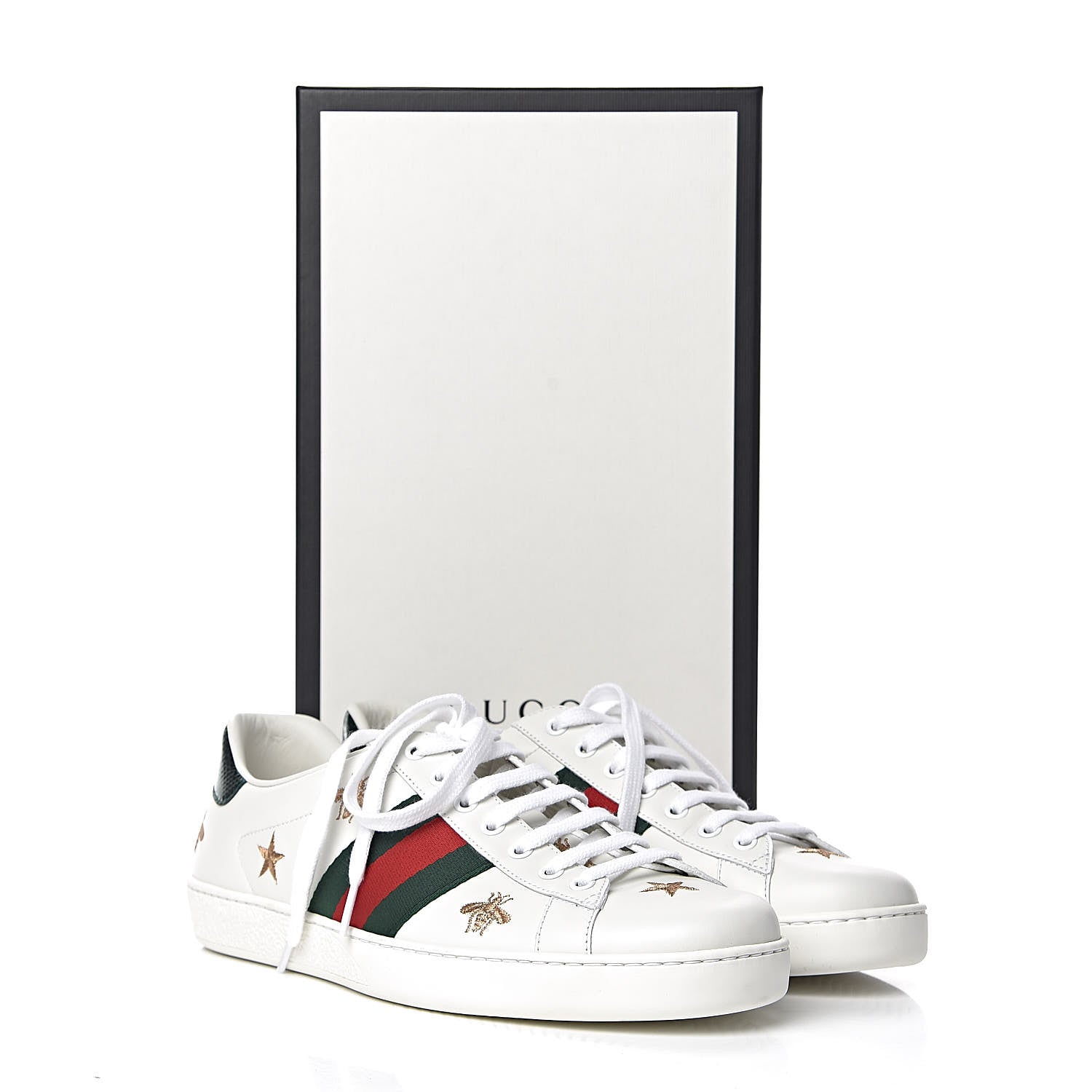 Gucci Calfskin Ayers Web Bee Star Embroidered Mens Ace Sneakers 9.5 White Green 10 of 10