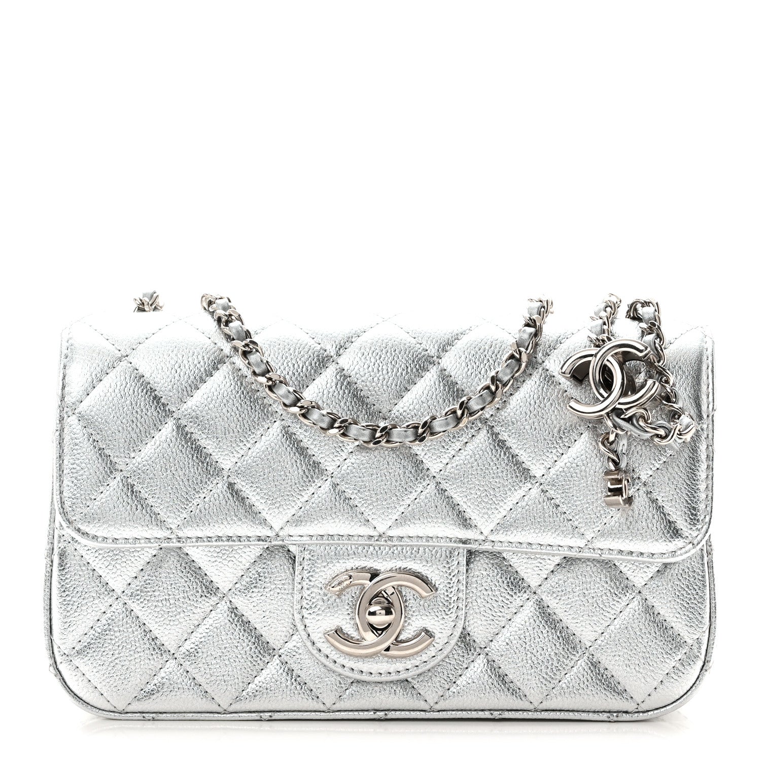 Chanel Metallic Caviar Quilted Mini Rectangular CC Slide Flap Silver 1 of 11