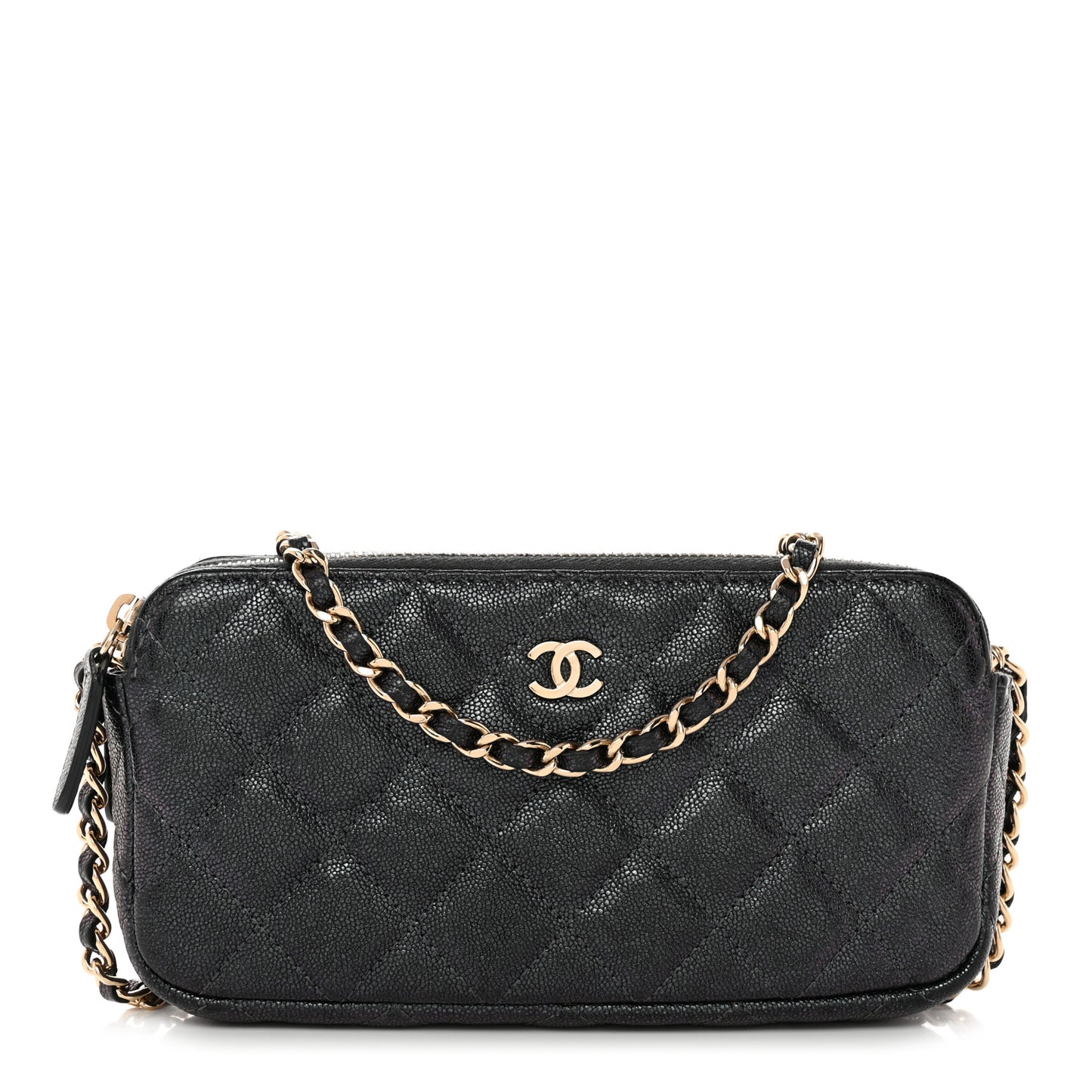 Iridescent Caviar Quilted Small Clutch With Chain Black