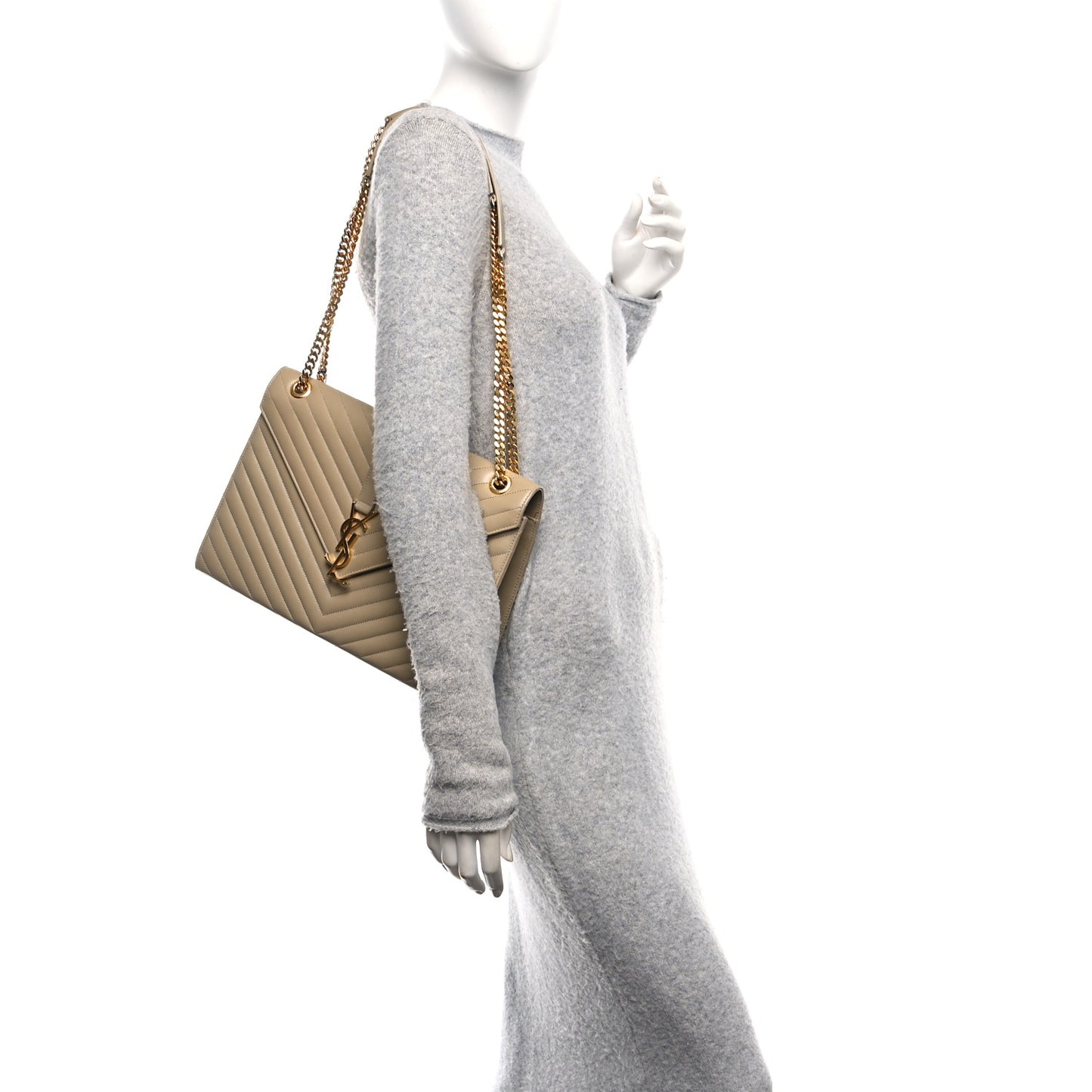 Lambskin Matelasse Chevron Large Monogram Satchel Beige