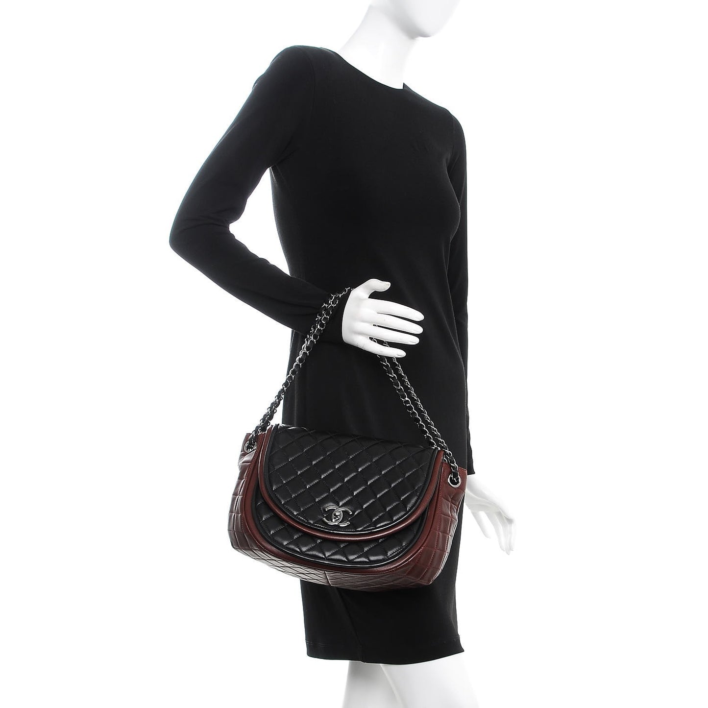 Lambskin Quilted Large Classic Twist Crescent Flap Black Burgundy