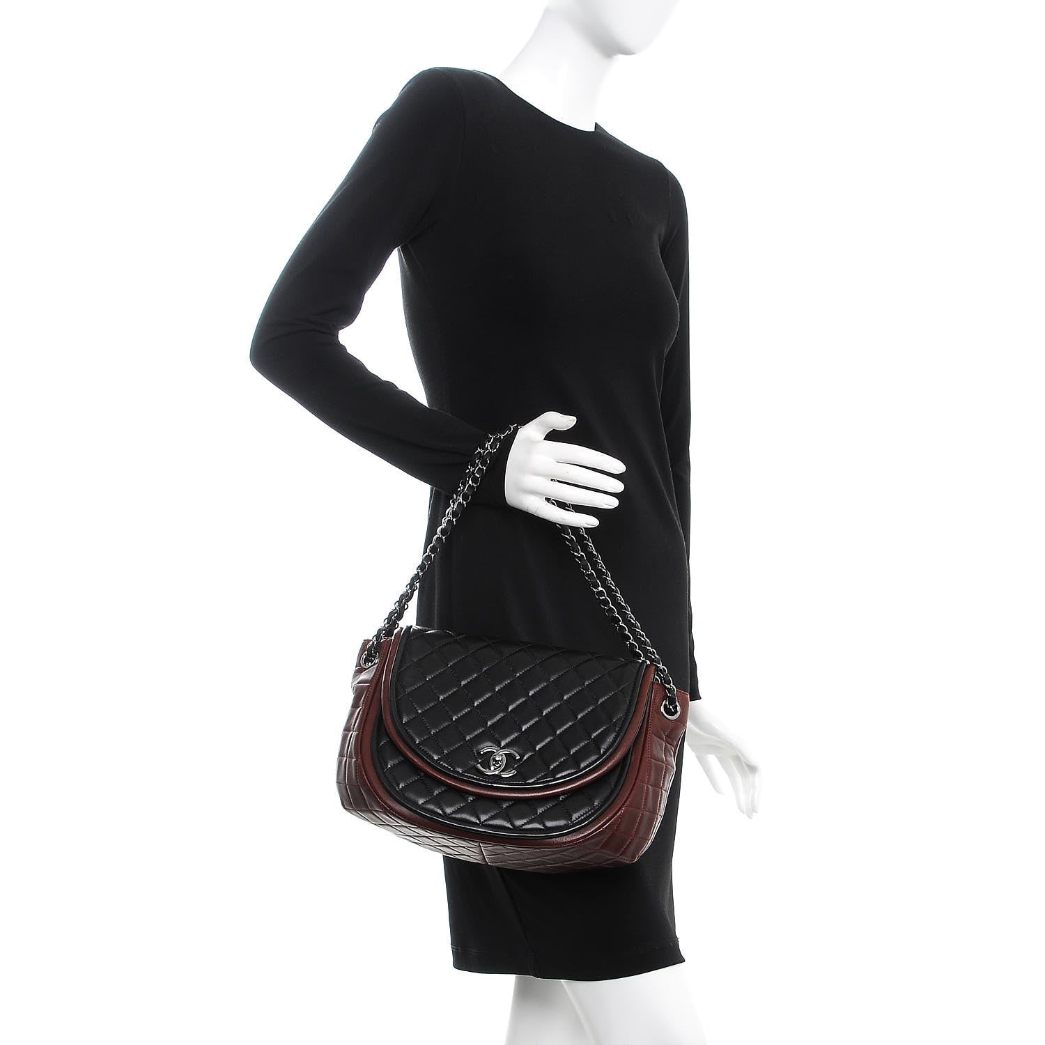 Chanel Lambskin Quilted Large Classic Twist Crescent Flap Black Burgundy 2 of 8