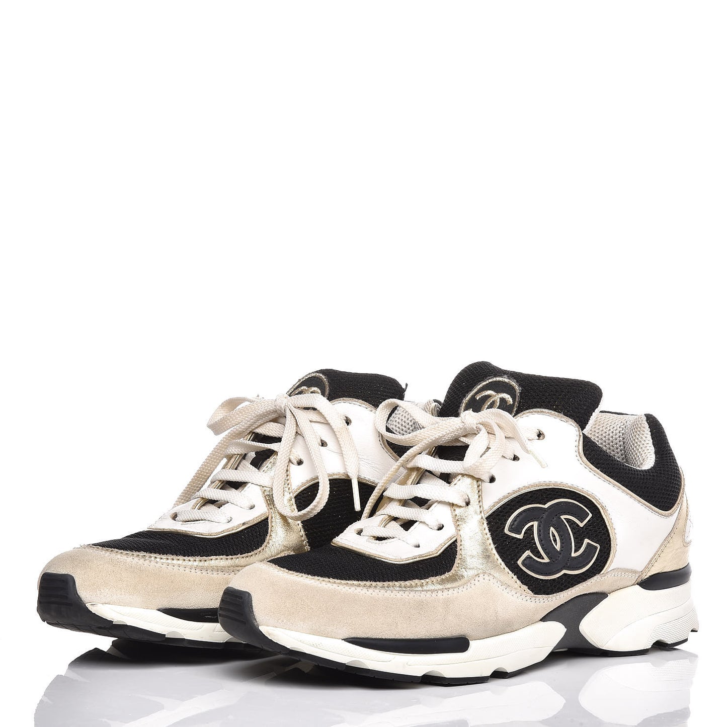 Suede Calfskin Womens CC Sneakers 37.5 Black White Gold
