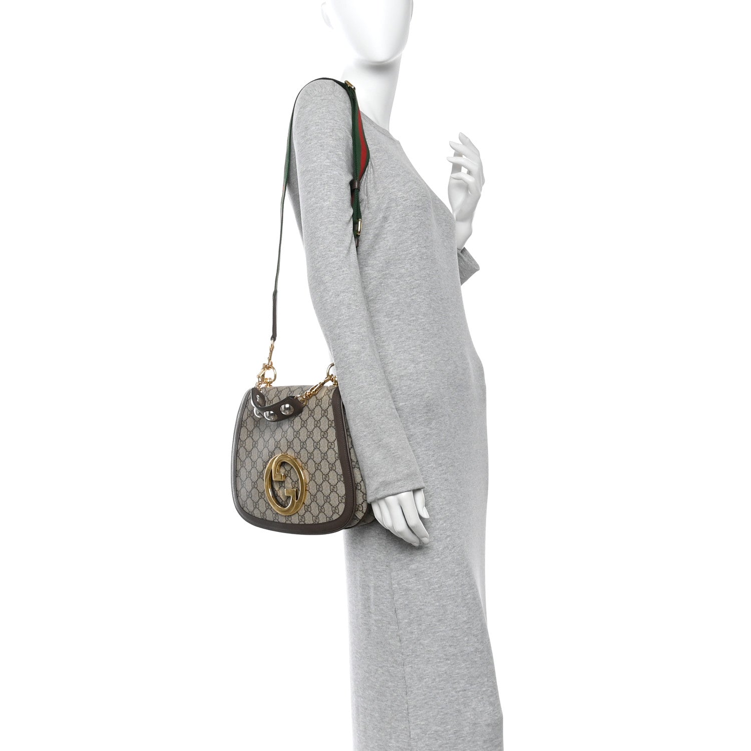 Gucci GG Supreme Monogram Textured Dollar Calfskin Web Medium Blondie Top Handle Shoulder Flap Bag Beige Ebony New Acero 2 of 10