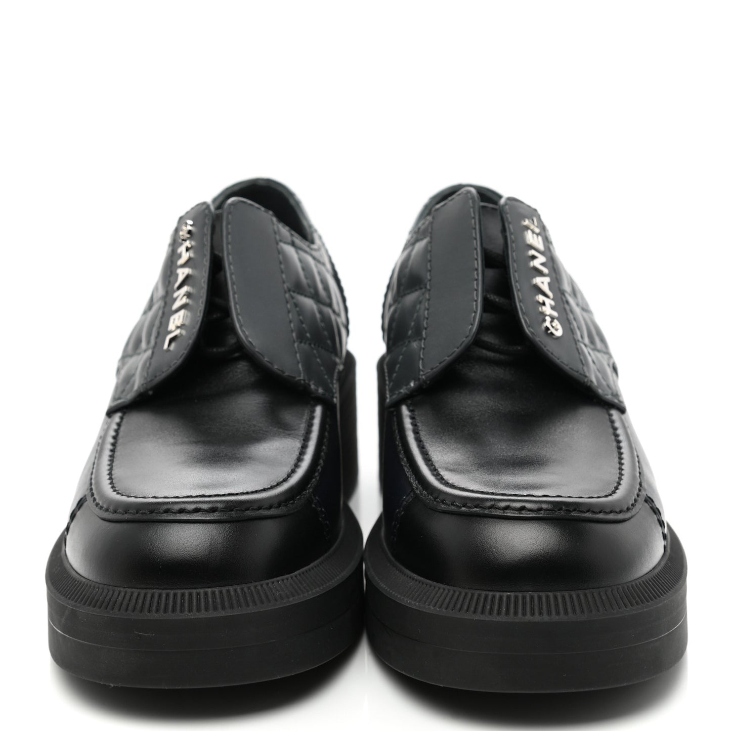 Calfskin Quilted Logo Lace Up Loafers 36 Black Grey
