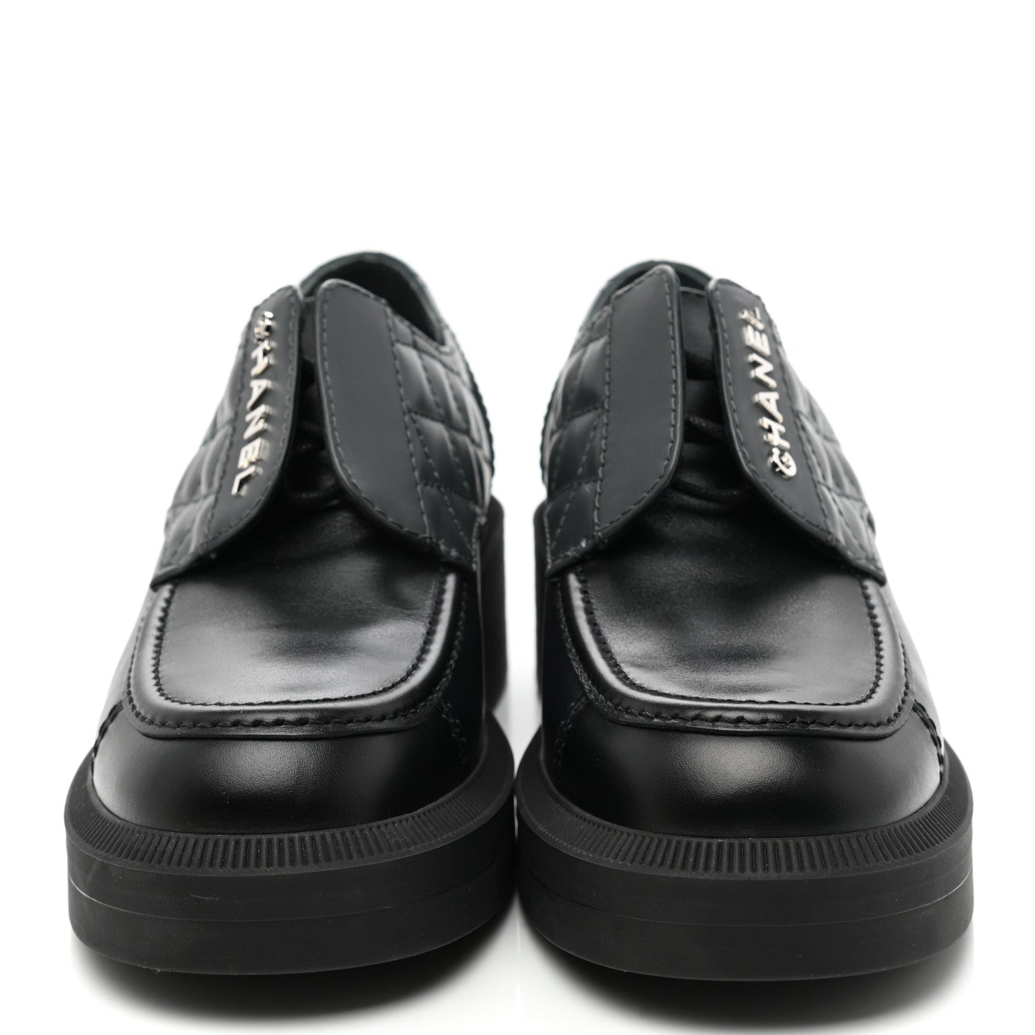 Chanel Calfskin Quilted Logo Lace Up Loafers 36 Black Grey 2 of 8