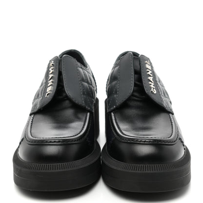 Chanel Calfskin Quilted Logo Lace Up Loafers 36 Black Grey 2 of 8