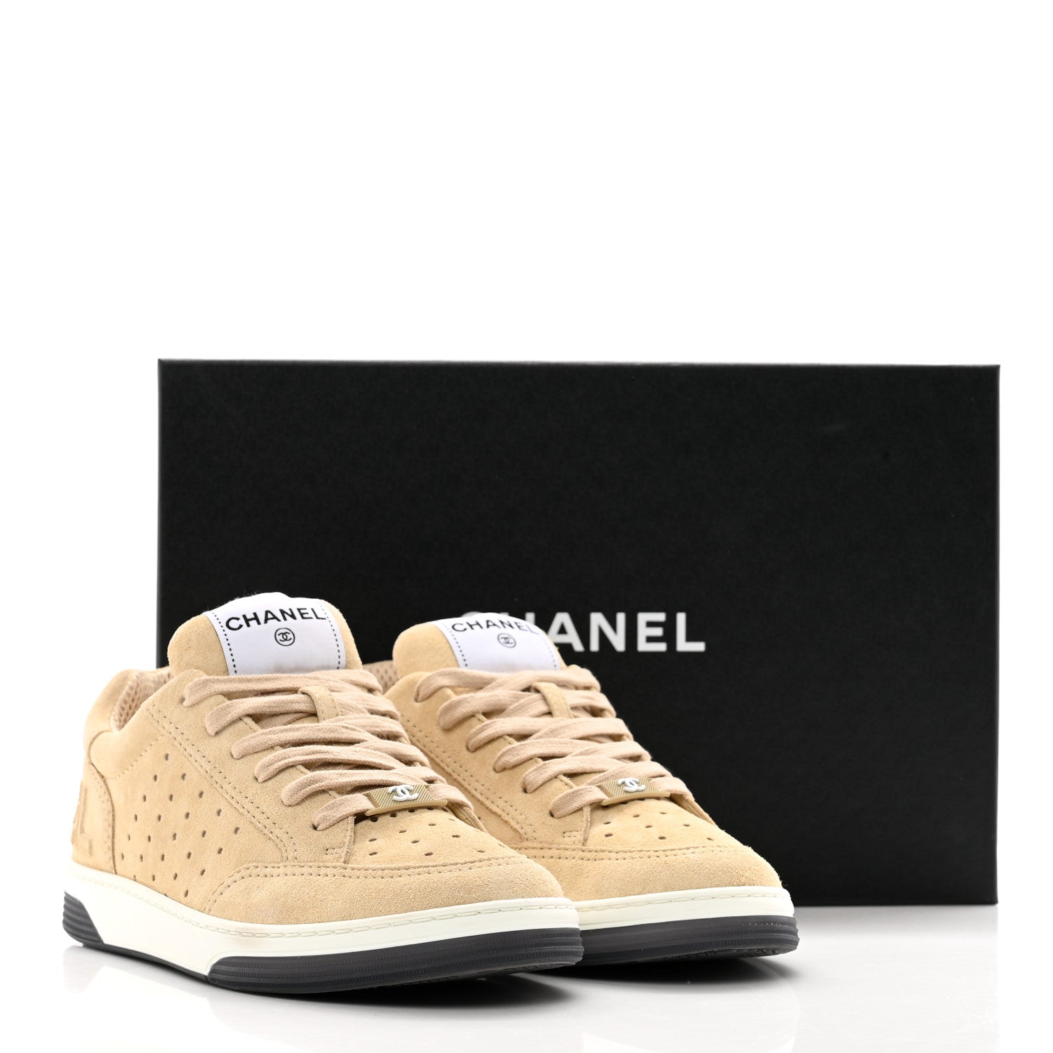 Chanel Suede Calfskin Logo Sneakers 37 Beige 9 of 9