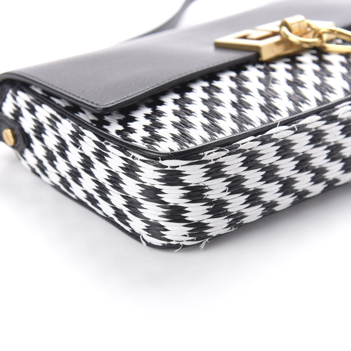 Straw Calfskin Charm Shoulder Bag Black White
