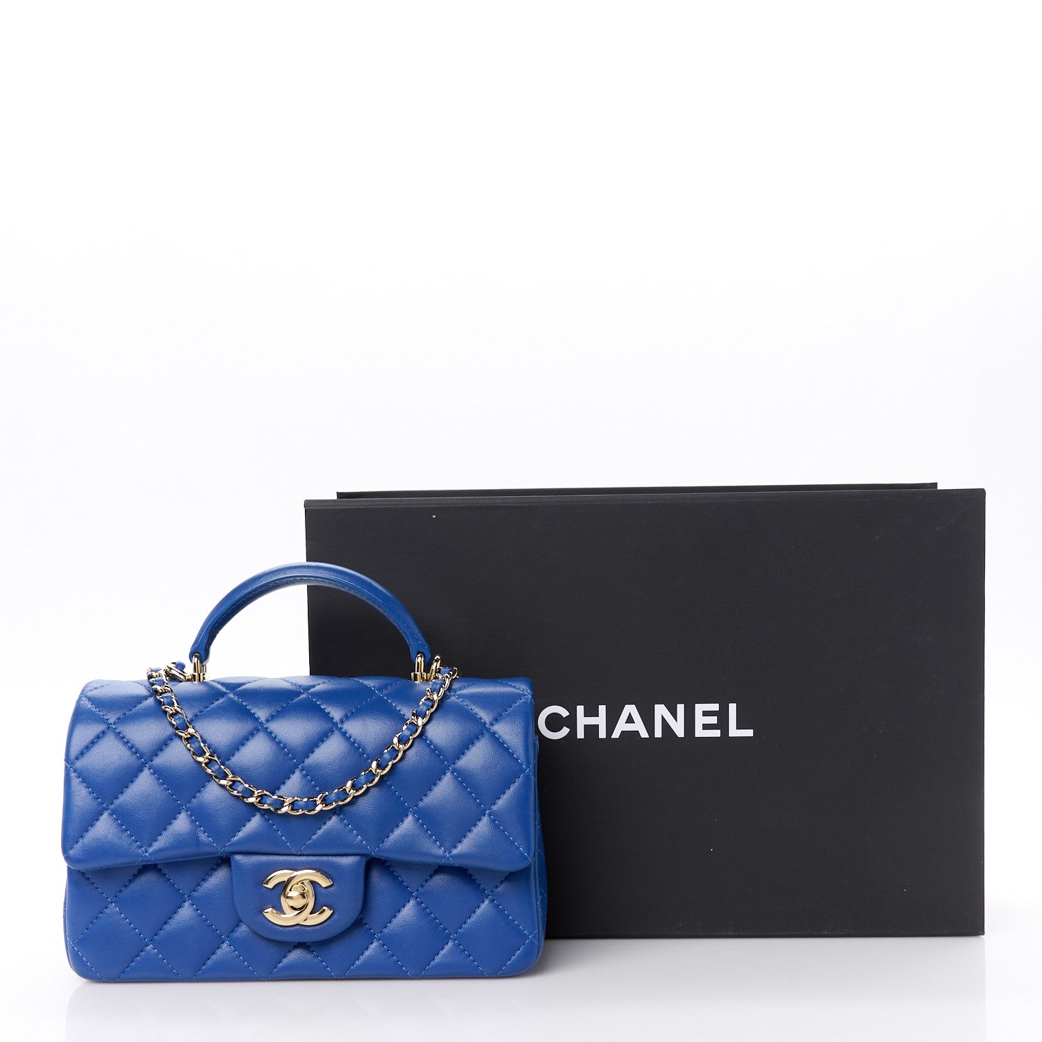 Chanel Lambskin Quilted Mini Top Handle Rectangular Flap Blue