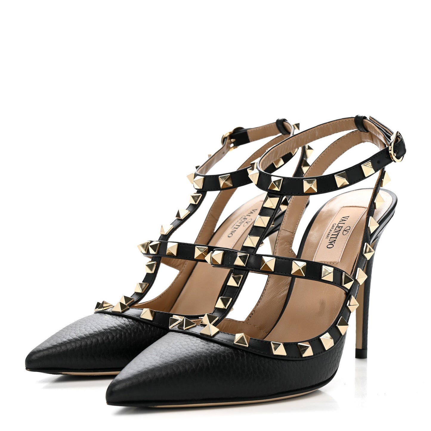 Pebbled Calfskin Rockstud Ankle Strap 100mm Pumps 37 Black