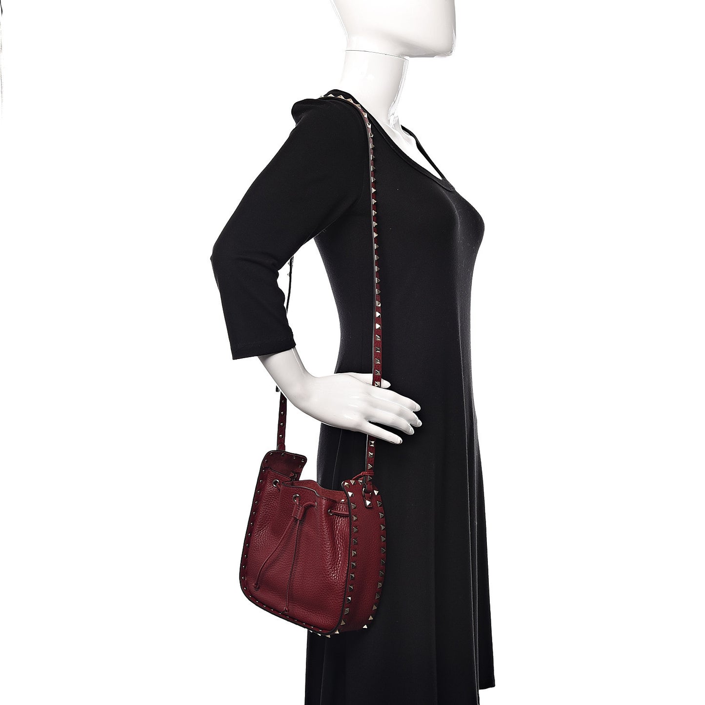 Grained Calfskin Rockstud Bucket Bag Rubino