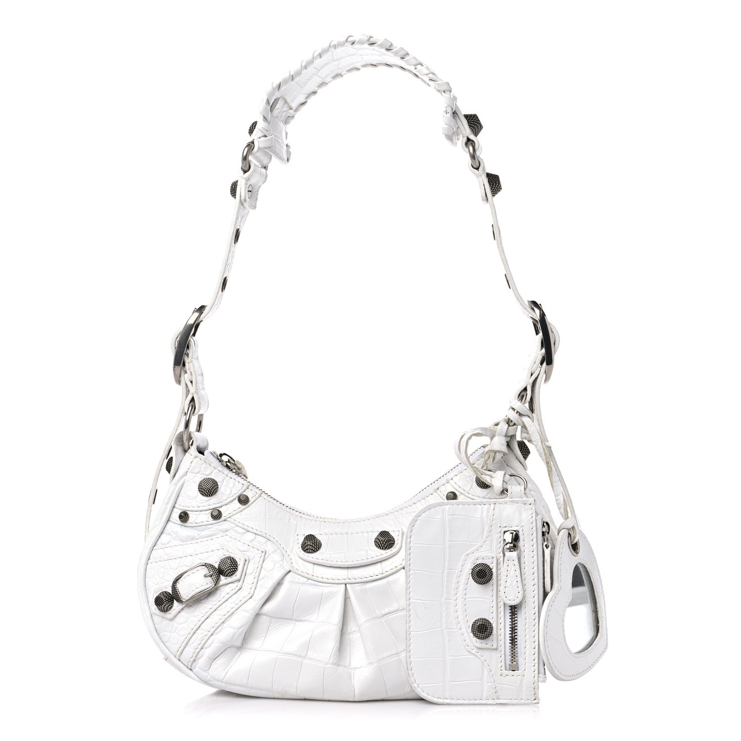 Extra Supple Calfskin Crocodile Embossed Le Cagole Shoulder Bag XS Optic White