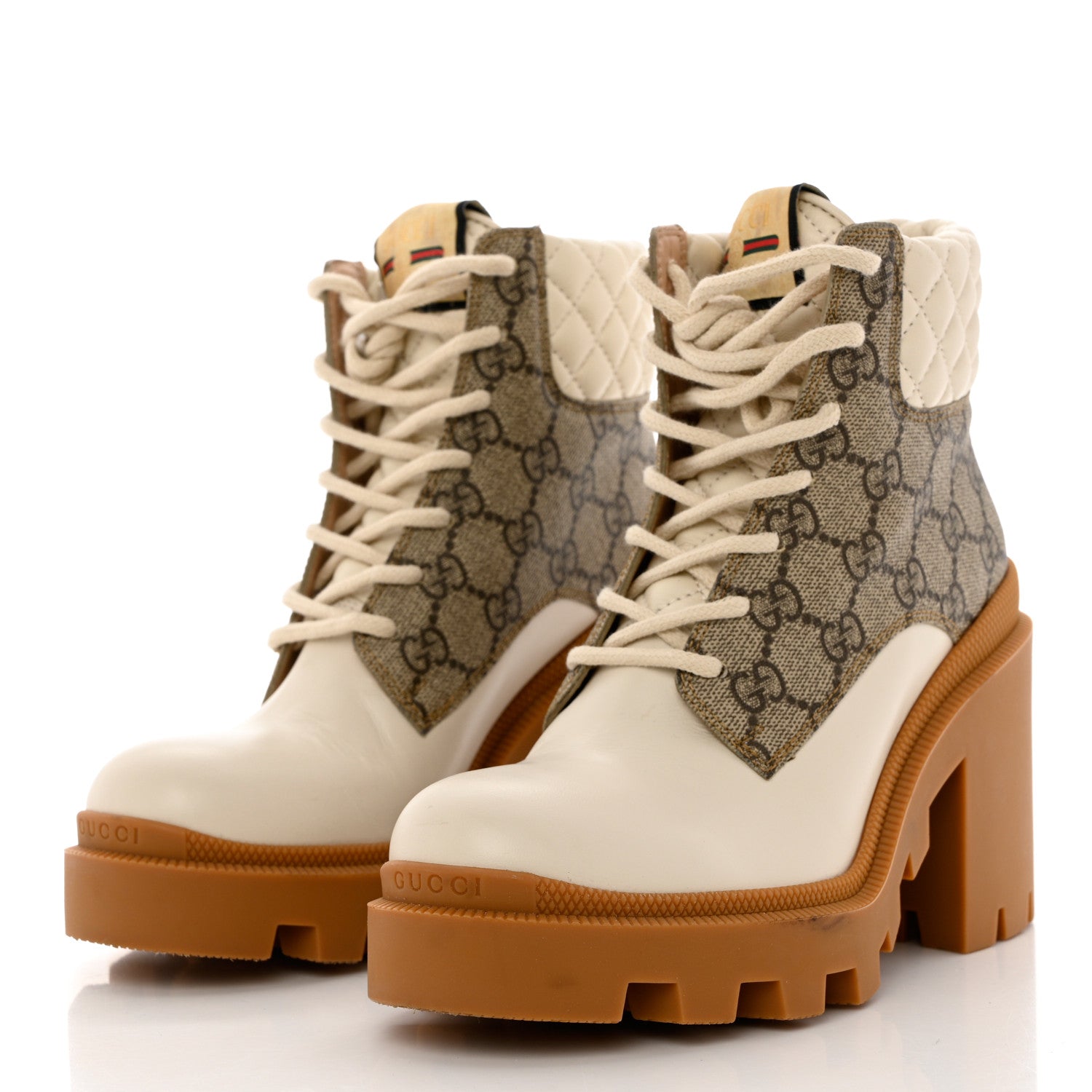 Gucci Calfskin GG Supreme Monogram Nappa Quilted Lace Up Ankle Boots 36.5 Mystic White Beige 3 of 10