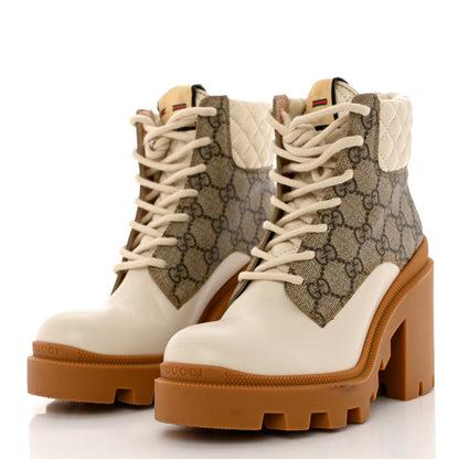 Gucci Calfskin GG Supreme Monogram Nappa Quilted Lace Up Ankle Boots 36.5 Mystic White Beige 3 of 10