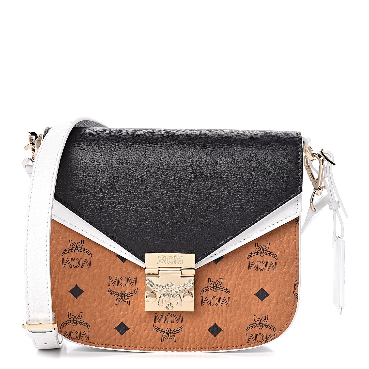 MCM Visetos Calfskin Small Patricia Crossbody Bag Cognac Black White 1 of 11