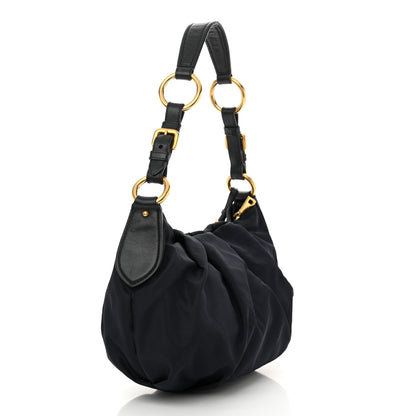 Prada Tessuto Nylon Soft Calf Pleated Hobo Bleu 3 of 12