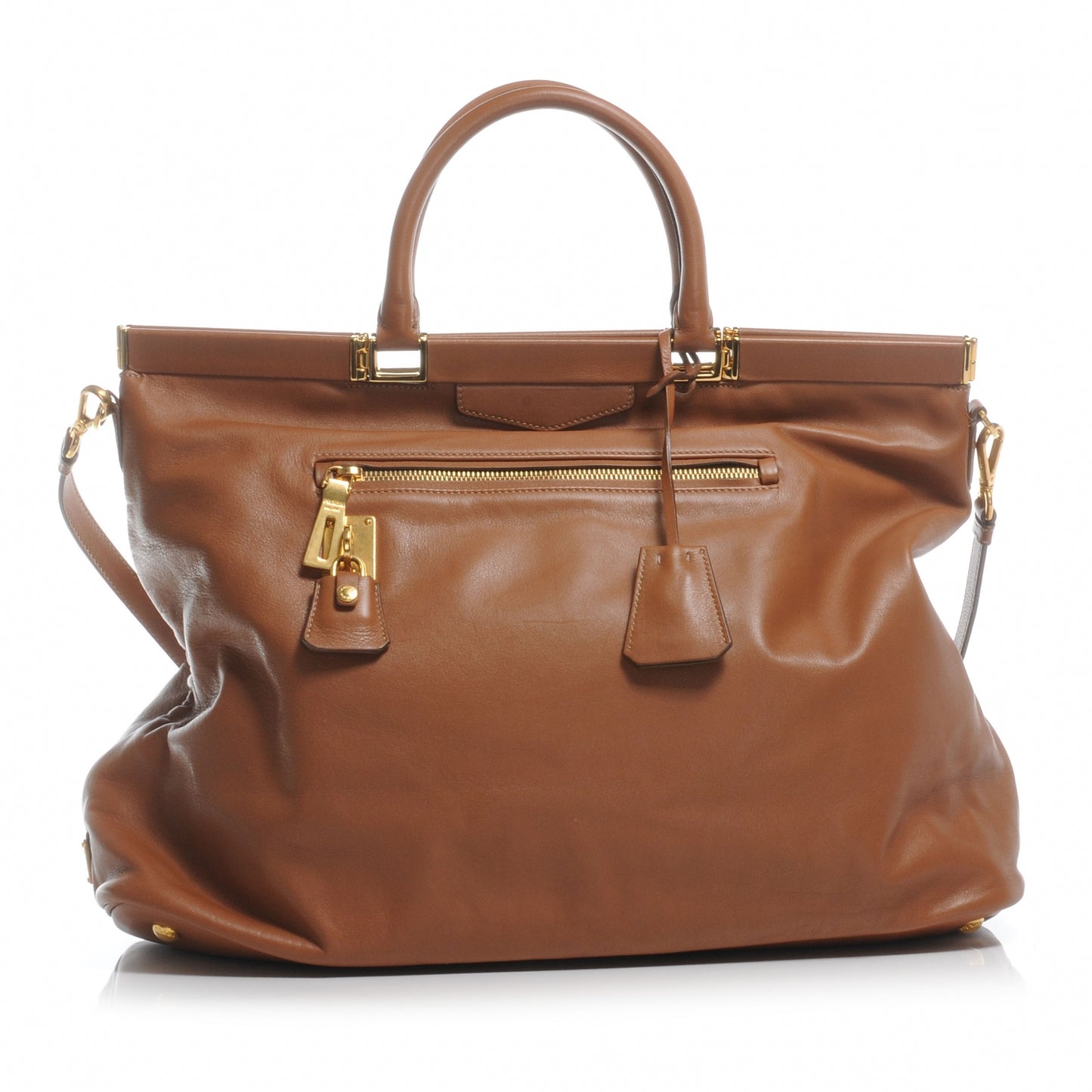 Vitello Leather Large Frame Tote Camel