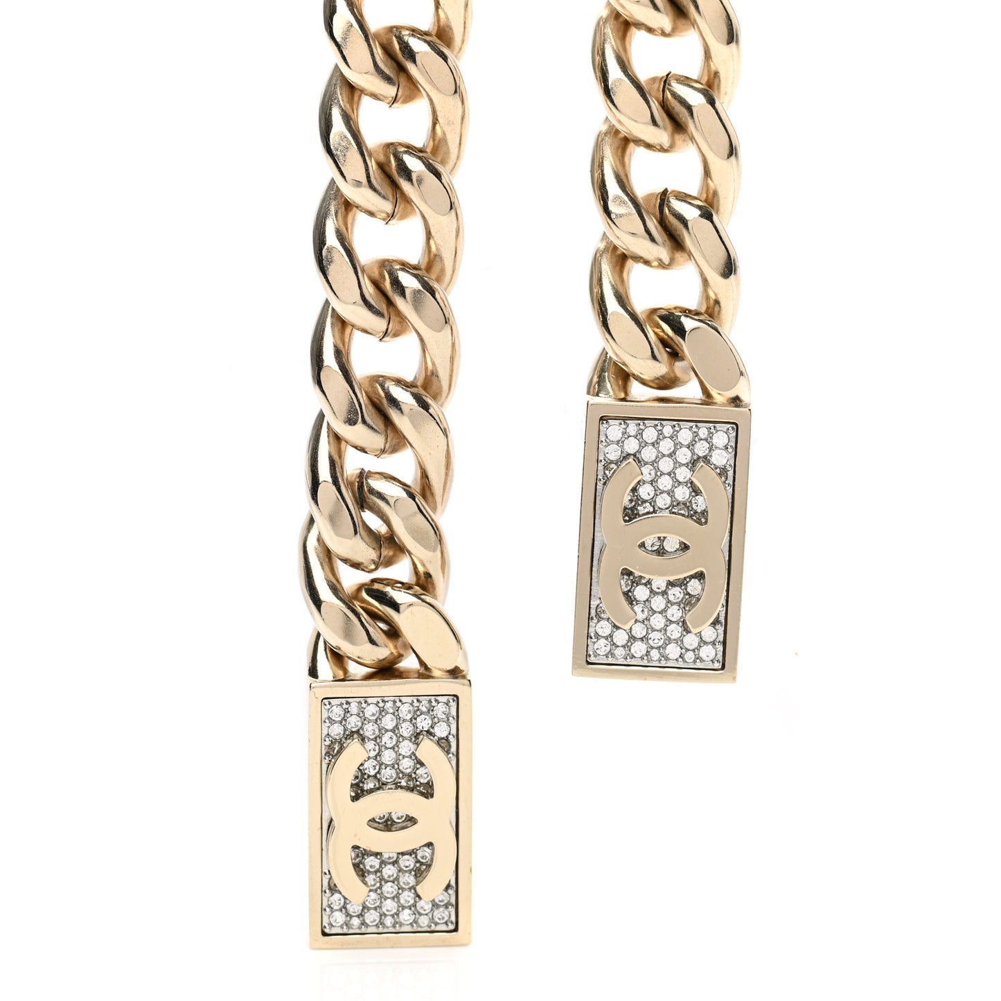 Chain Link Crystal CC Dog Tag Charm Necklace Gold