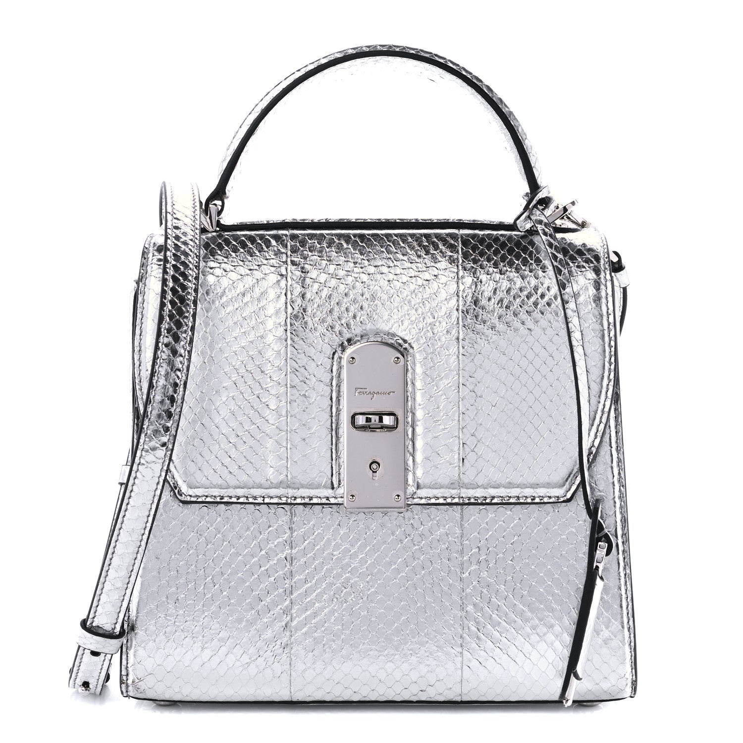 Salvatore Ferragamo Metallic Snakeskin Medium Boxyz Silver 1 of 8