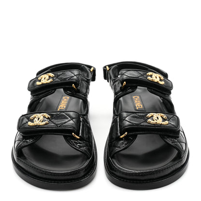 Chanel Crumpled Shiny Lambskin Velcro Dad Sandals 36 Black 2 of 9