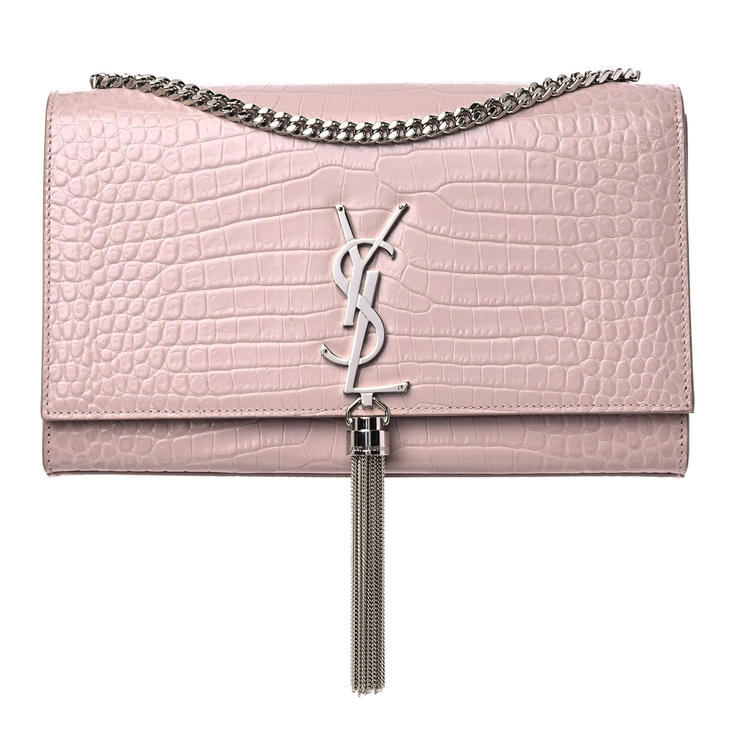 Calfskin Crocodile Embossed Medium Classic Monogram Kate Tassel Satchel Powder Pink