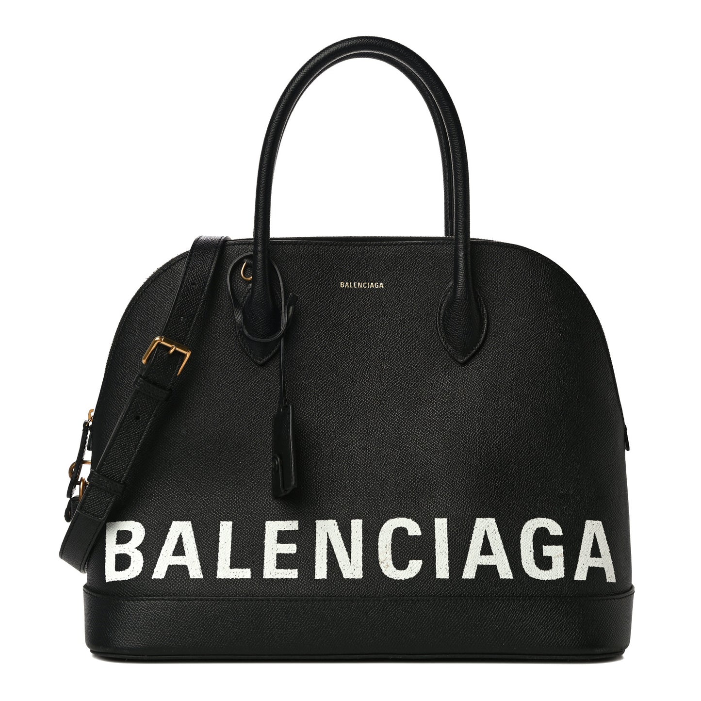 Signature Grained Calfskin Logo M Ville Top Handle Bag Black