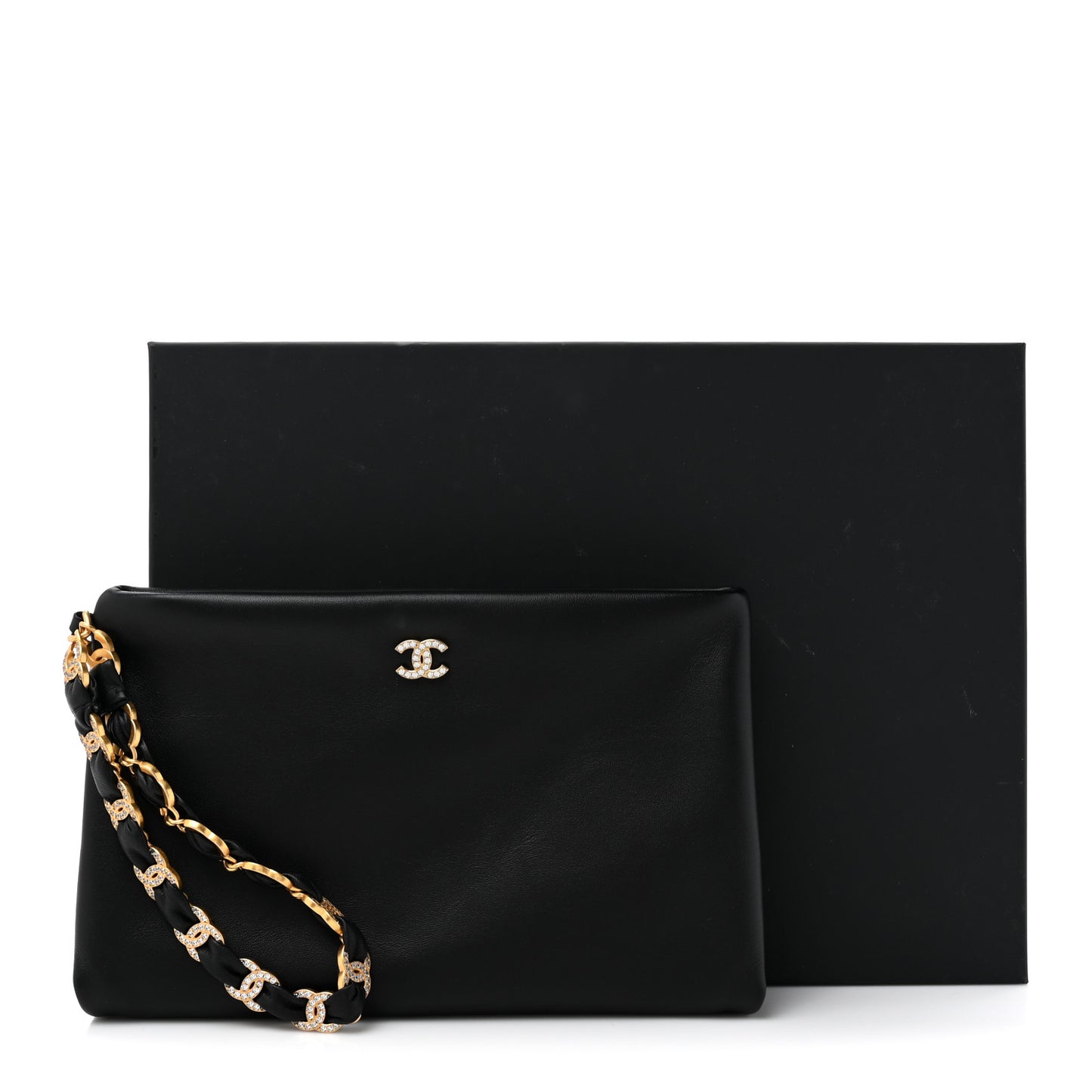 Lambskin Crystal Medium CC Pouch With Handle Black