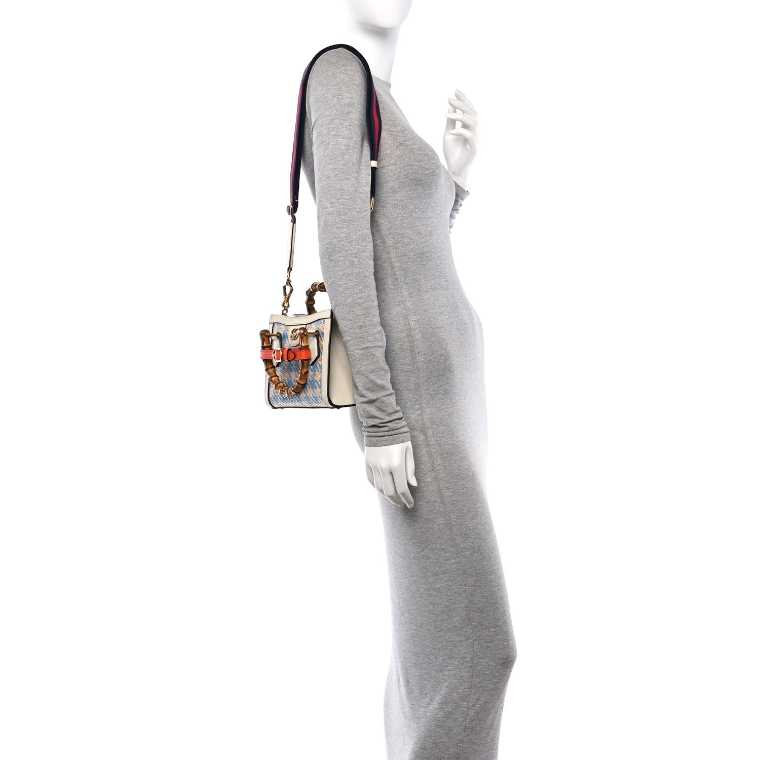 Gucci Raffia Textured Dollar Calfskin Web Houndstooth Mini Diana Tote Bag Light Blue Natural Deep Orange 2 of 15