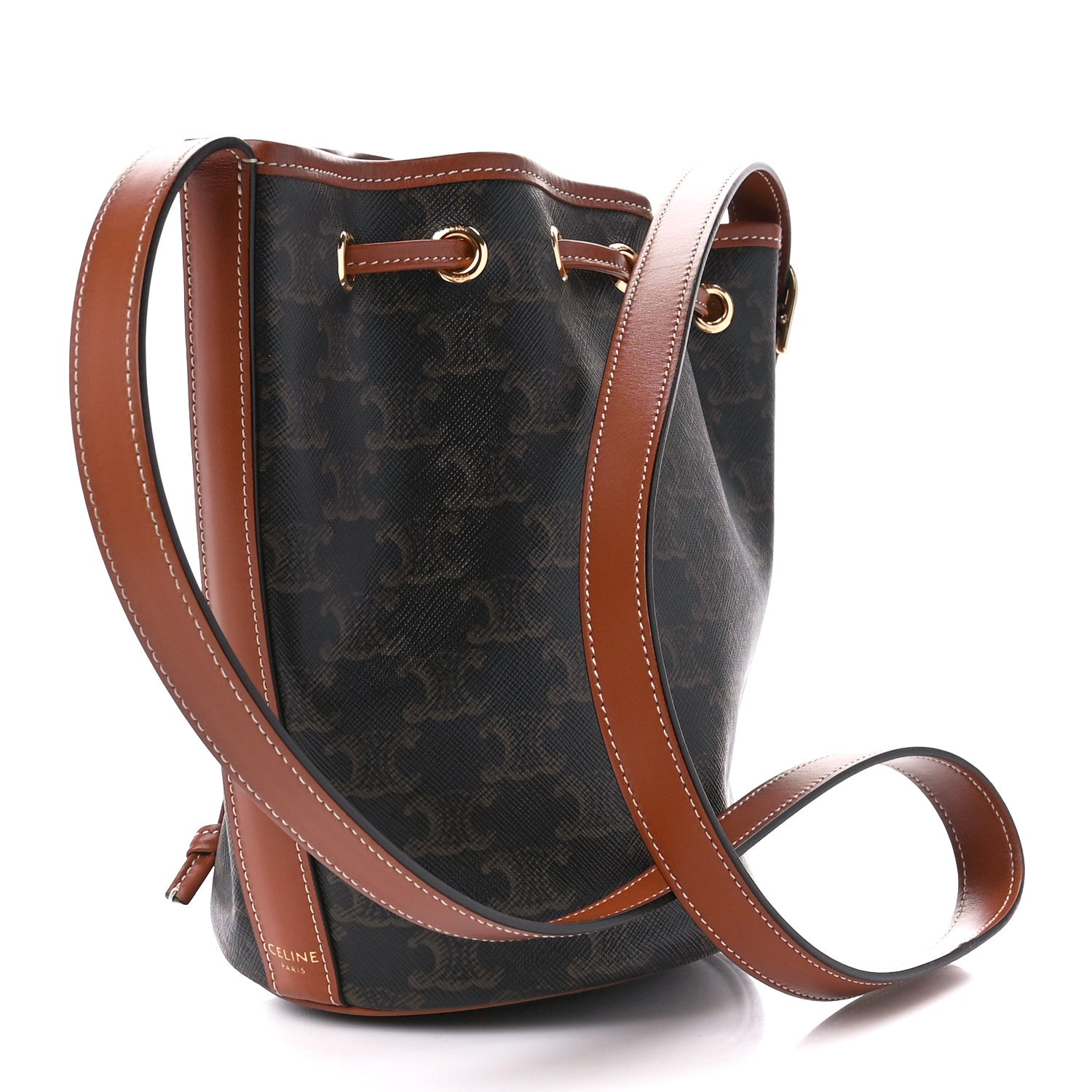 Celine Triomphe Canvas Calfskin Small Drawstring Bucket Bag Tan 3 of 10