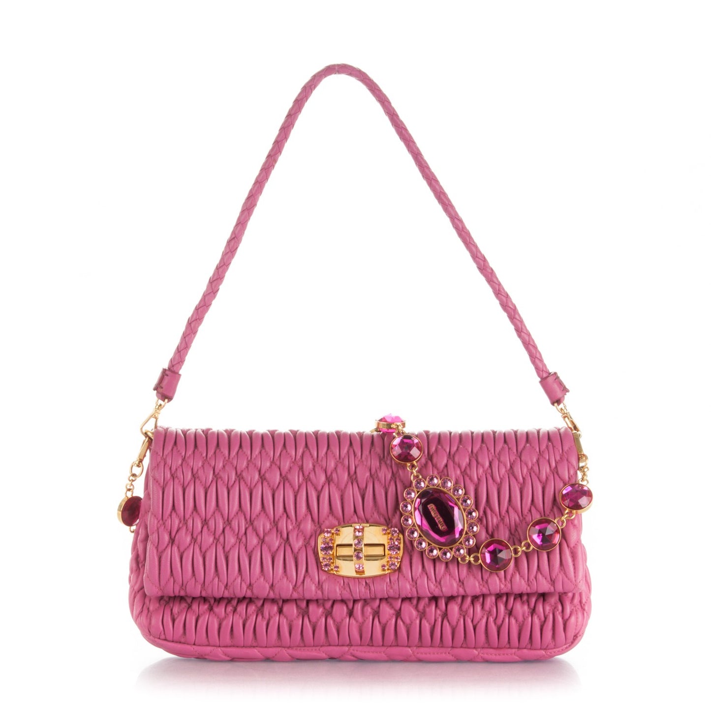 Nappa Matelasse Crystal Flap Clutch Fuxia